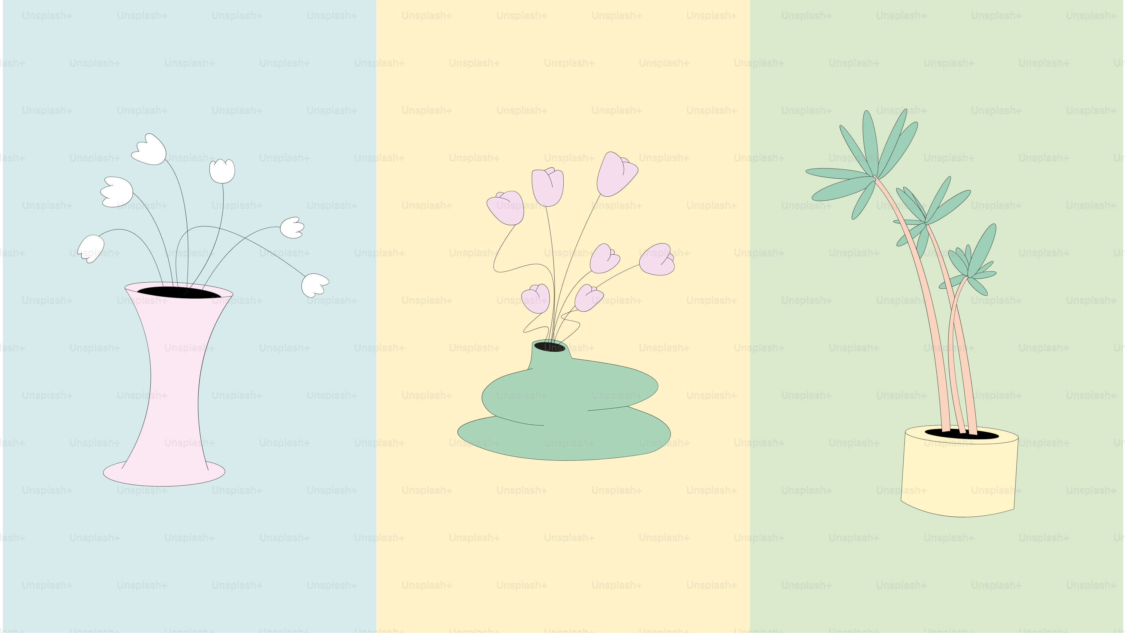 tre vasi di colore diverso con fiori al loro interno