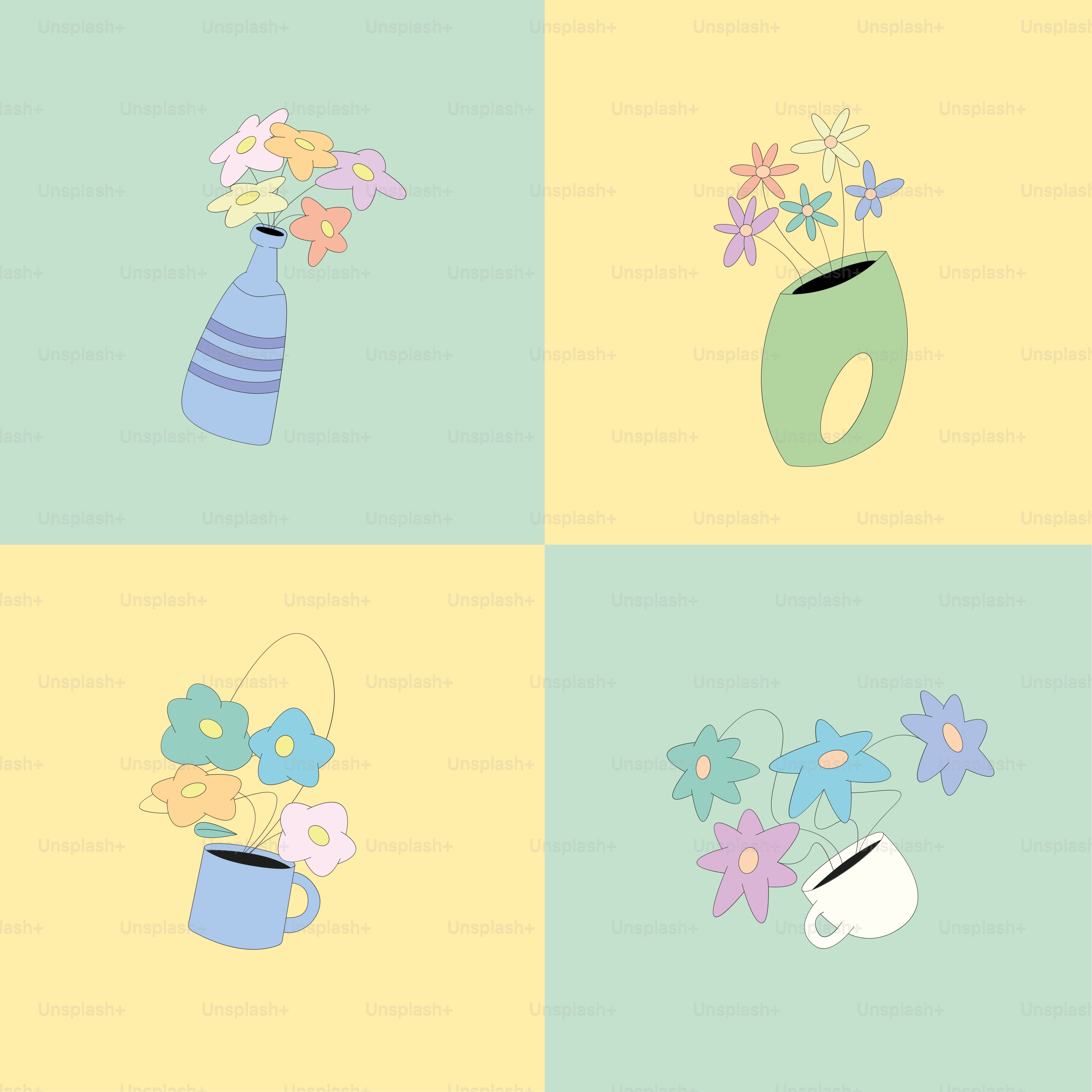 A series of four pictures of vases with flowers in them vector – Potted ...