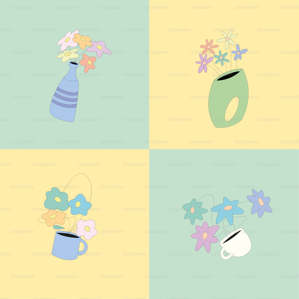 a series of four pictures of vases with flowers in them