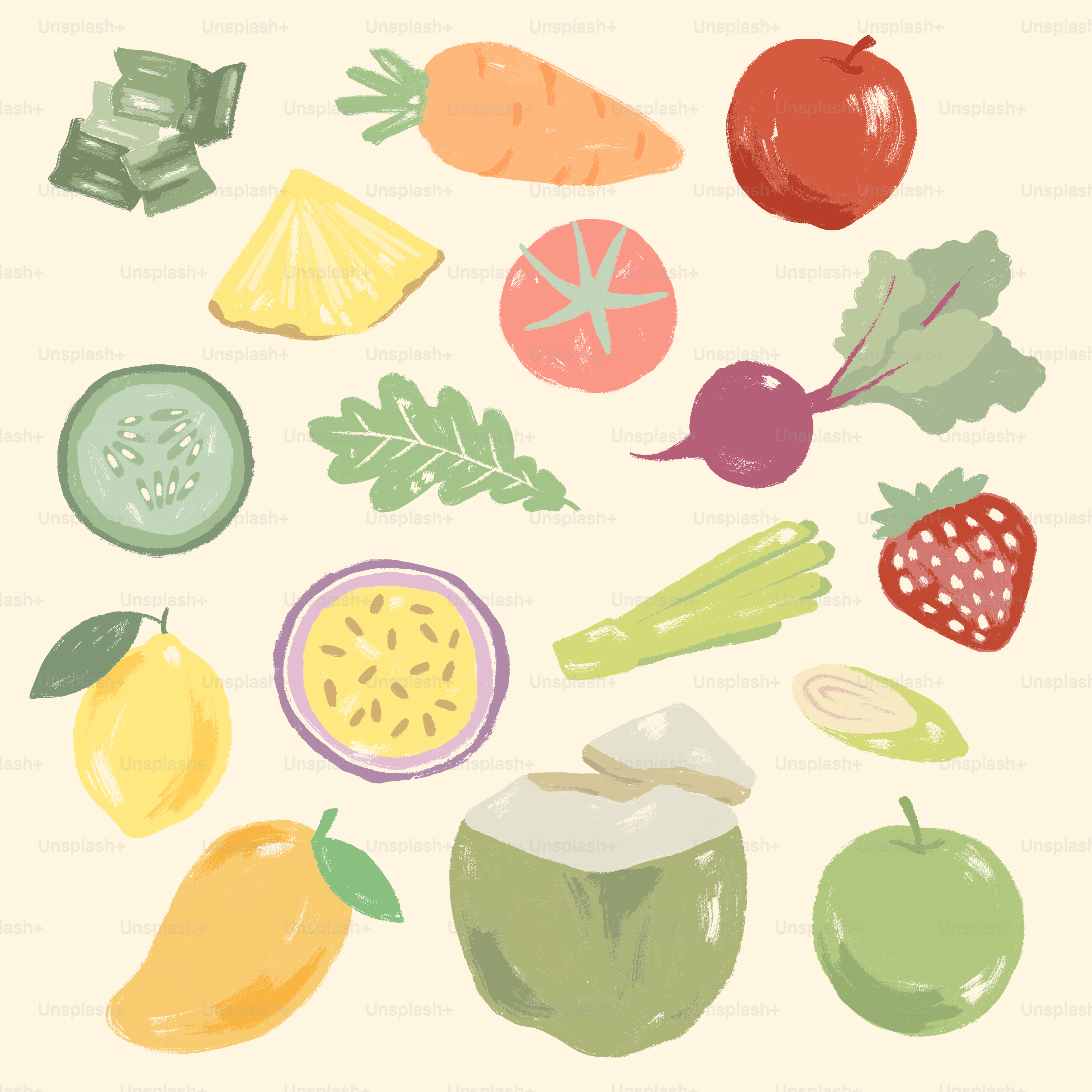 Assortment of fresh fruits and vegetables on a light background.
