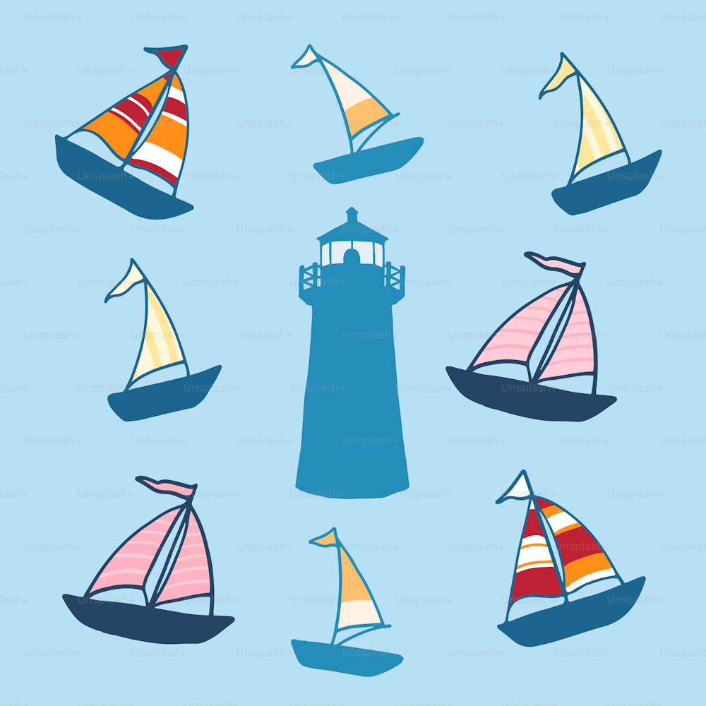 a group of sailboats floating next to a lighthouse