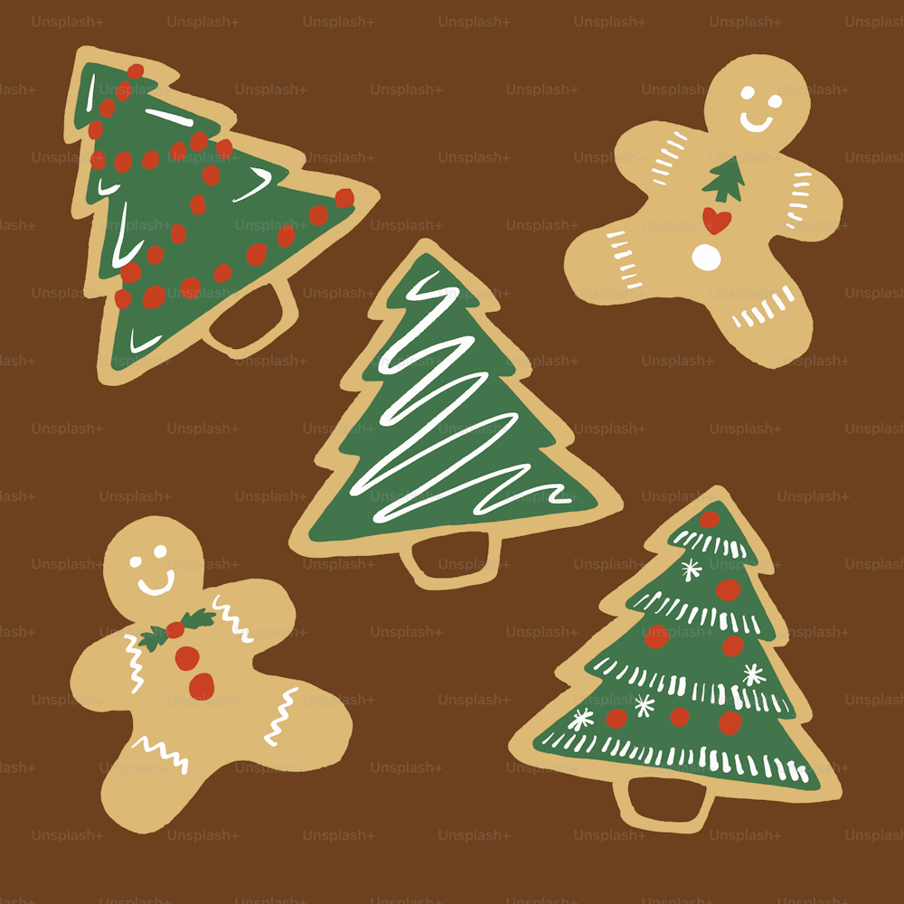 a group of christmas trees and gingers on a brown background