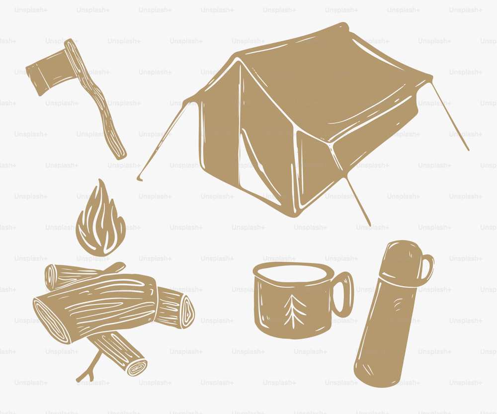 un dessin d’un camping avec un feu de camp, une tasse et un