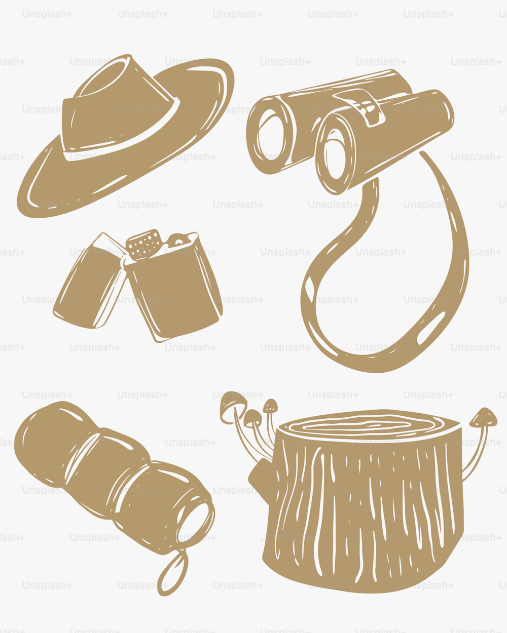 eine Zeichnung eines Hutes, einer Kamera und anderer Gegenstände
