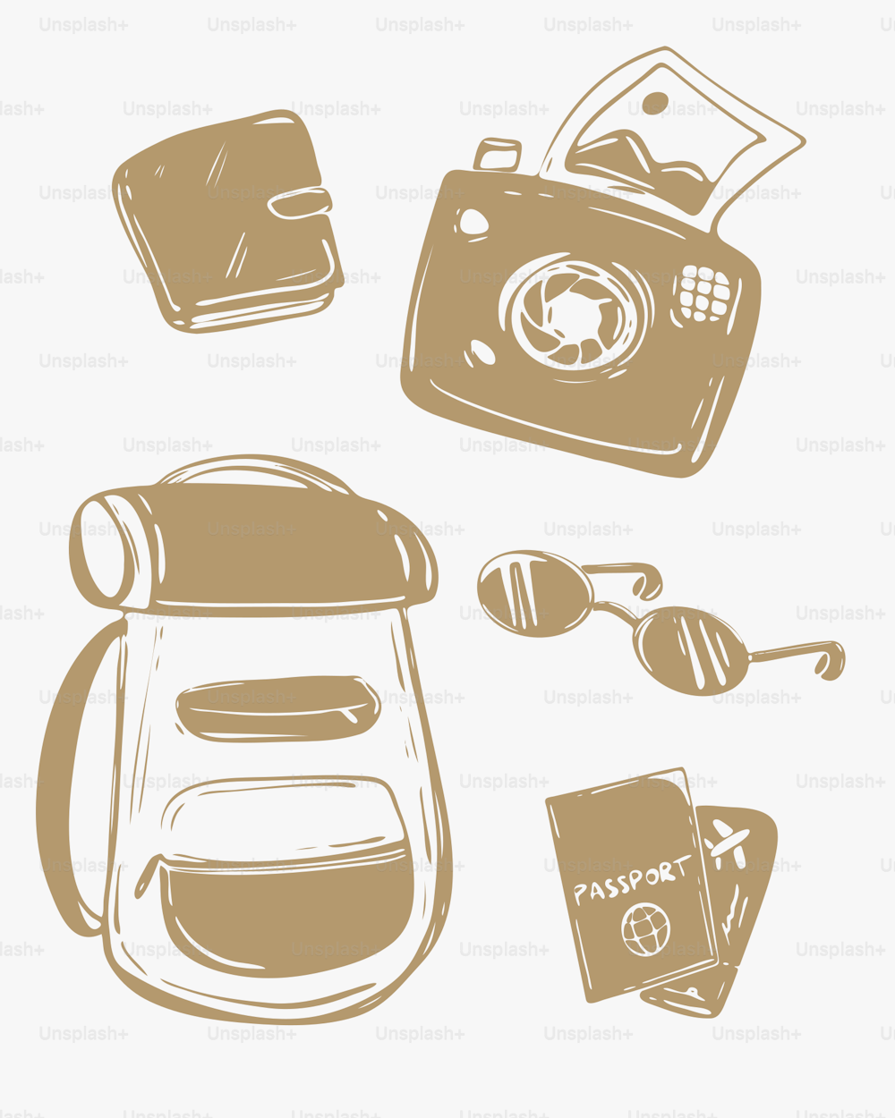 un disegno marrone e bianco di una macchina fotografica, un passaporto e uno zaino