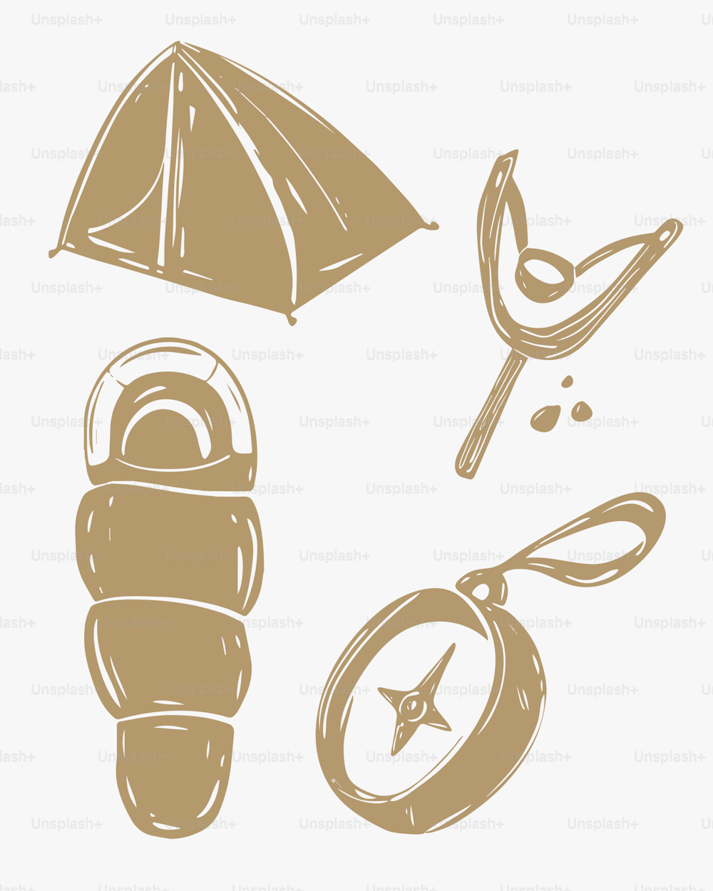 eine Zeichnung eines Zeltes, eines Löffels und eines Kompasses