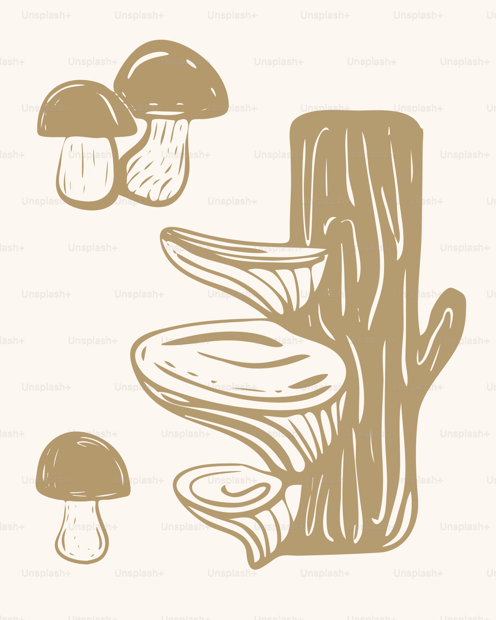 um desenho de cogumelos e um toco de árvore