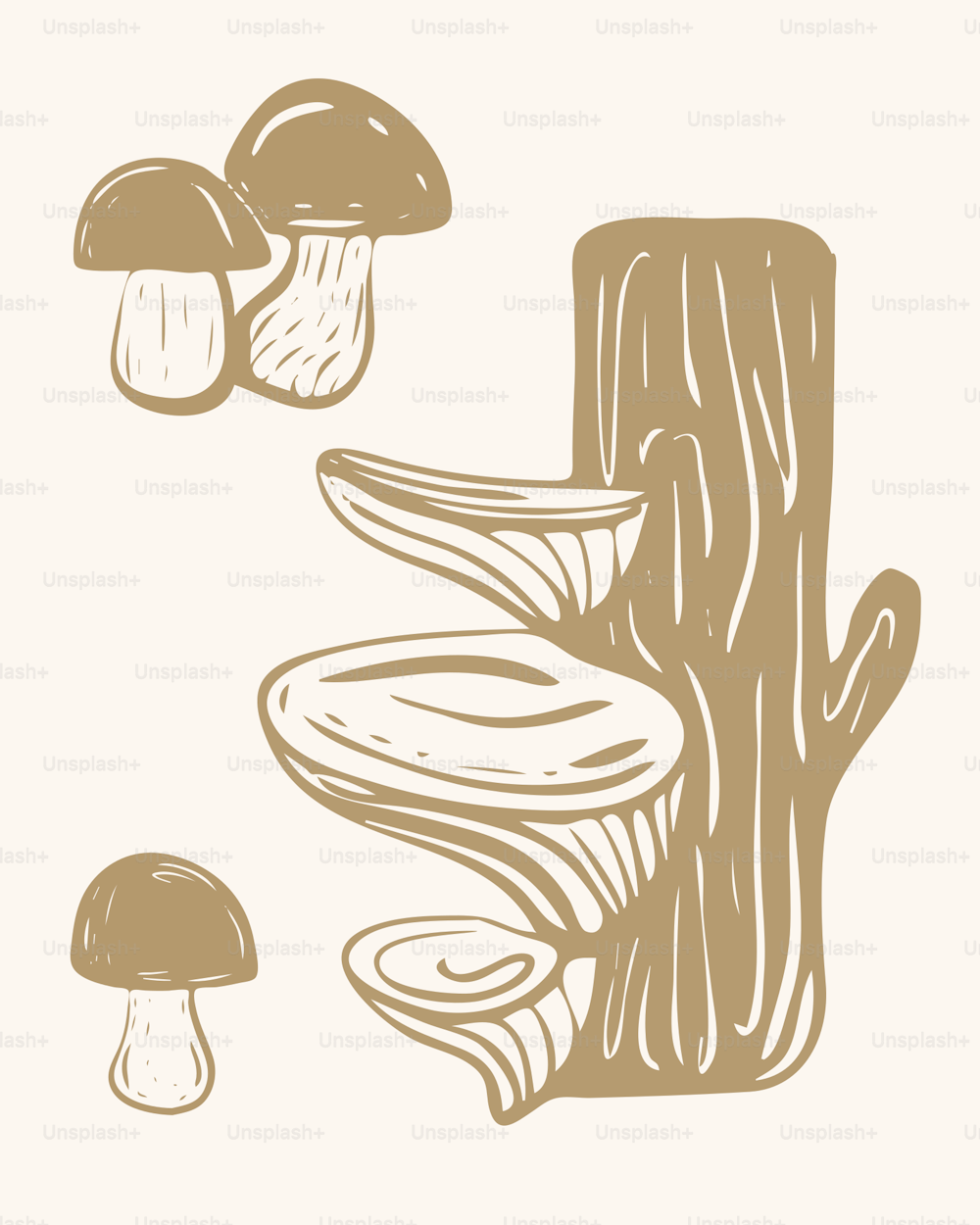 a drawing of mushrooms and a tree stump
