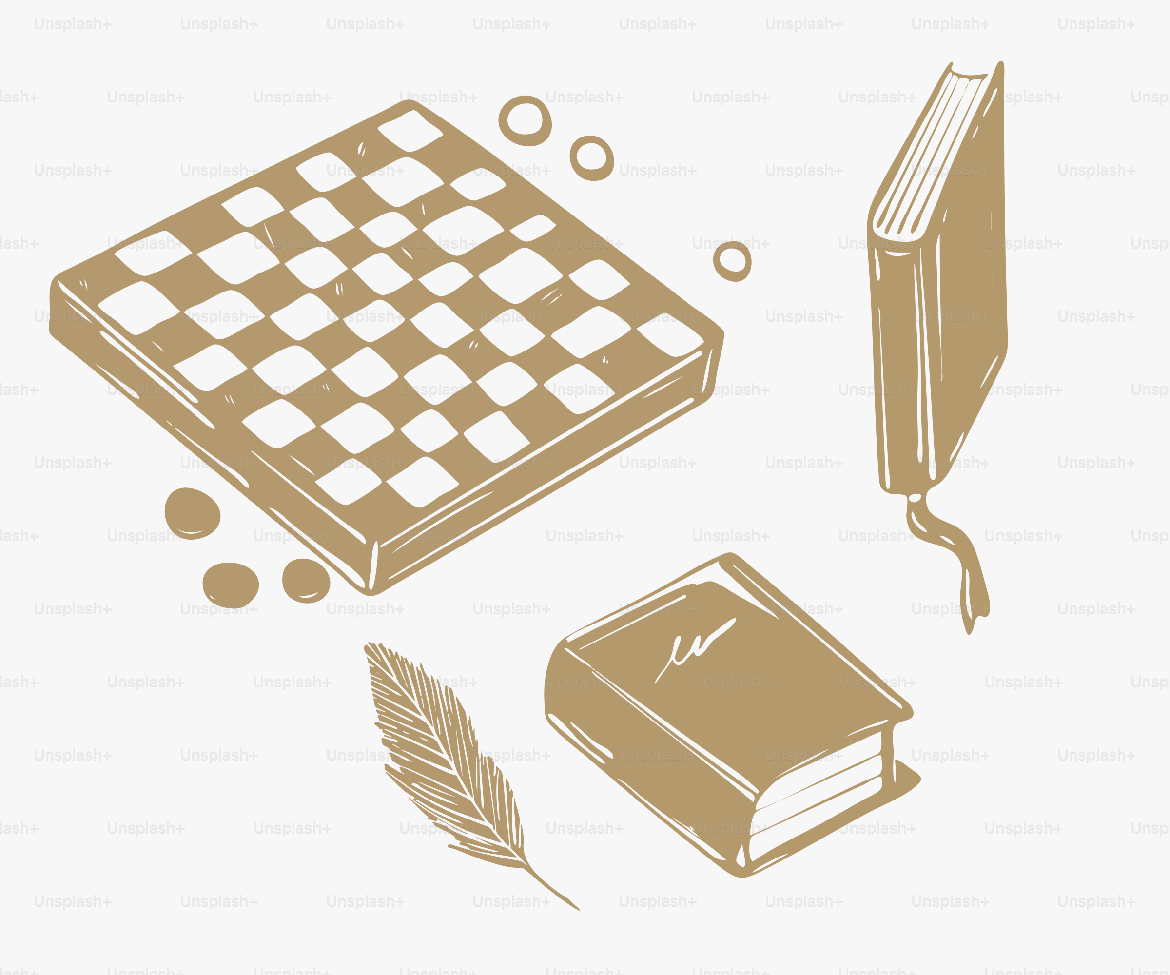 Chessboard, books, and feather pen on white background