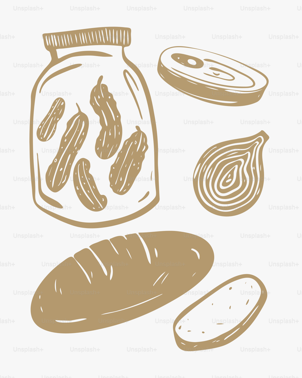 Un dibujo de un frasco de pepinillos y pan