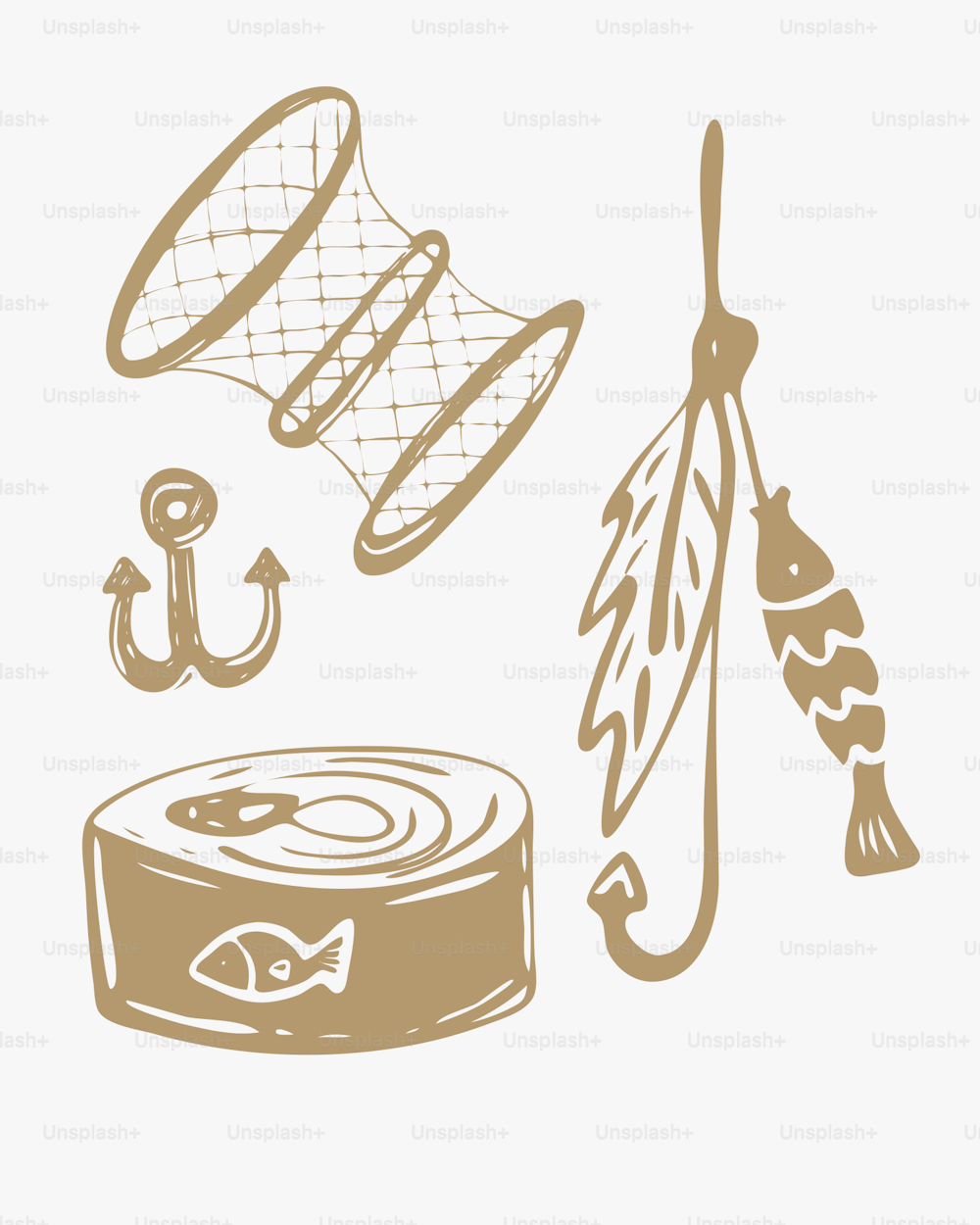 eine Zeichnung einer Dose Fischkonserven und eines Angelhakens