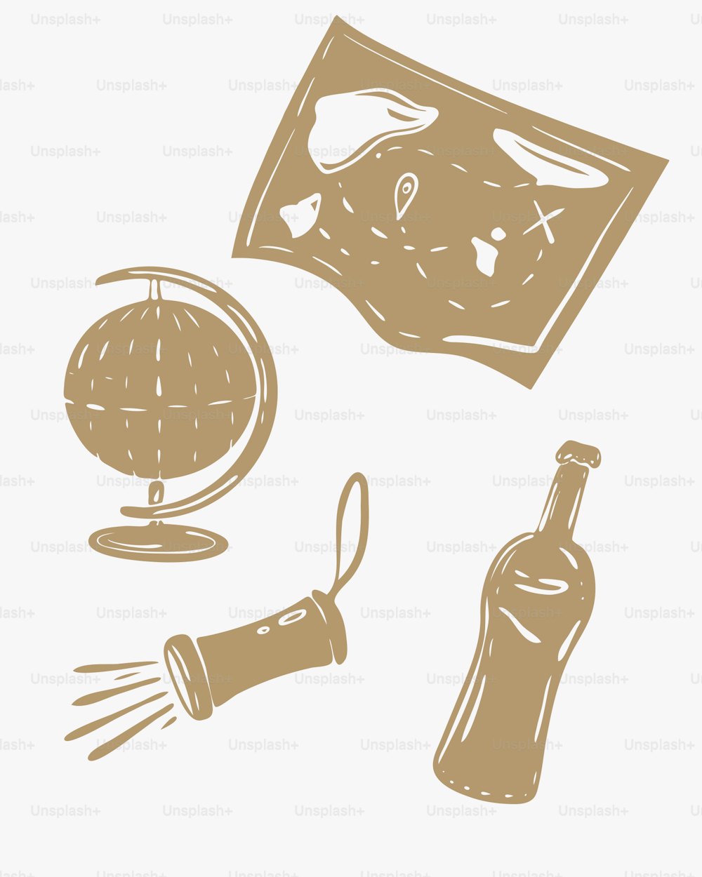a drawing of a map, a bottle of wine and a corkscrew