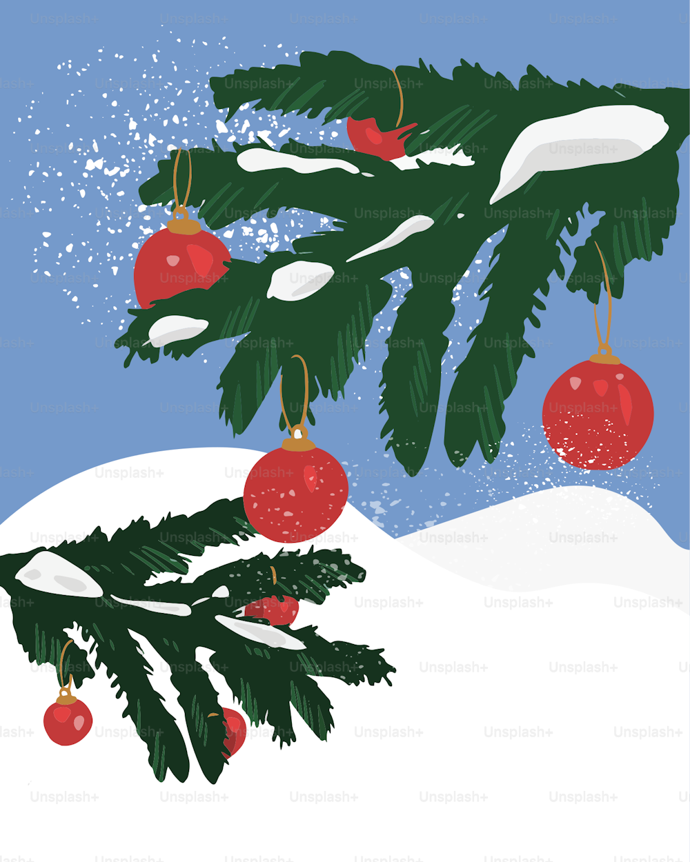 ein Weihnachtsbaumzweig, an dem Ornamente hängen
