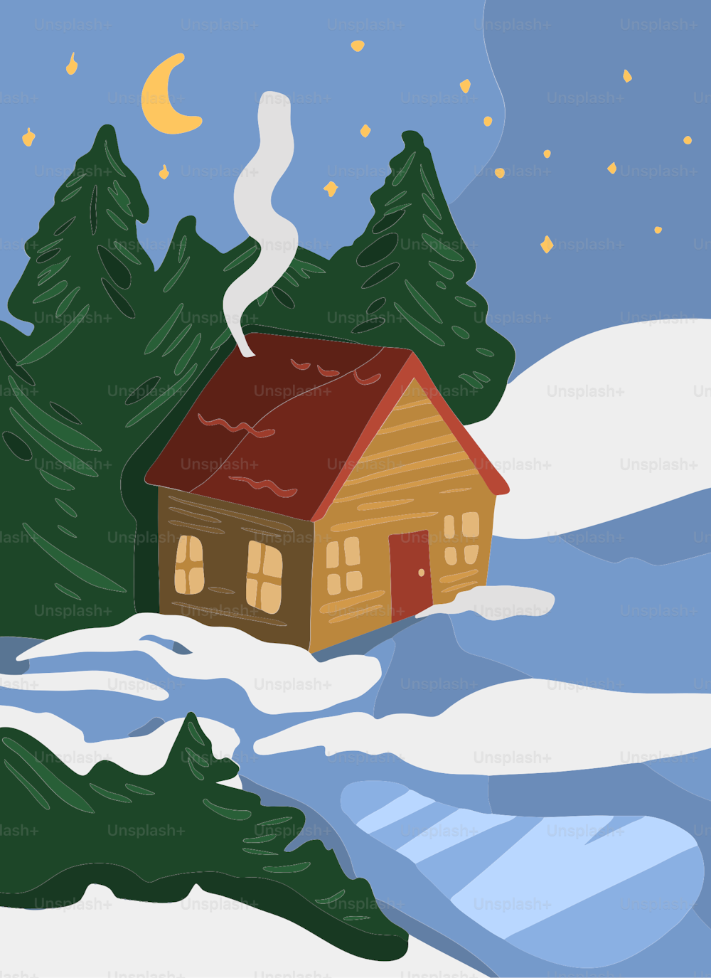 uma casa em uma paisagem nevada com árvores