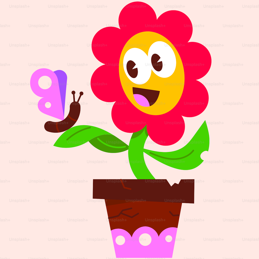 a cartoon flower with a butterfly on a pink background