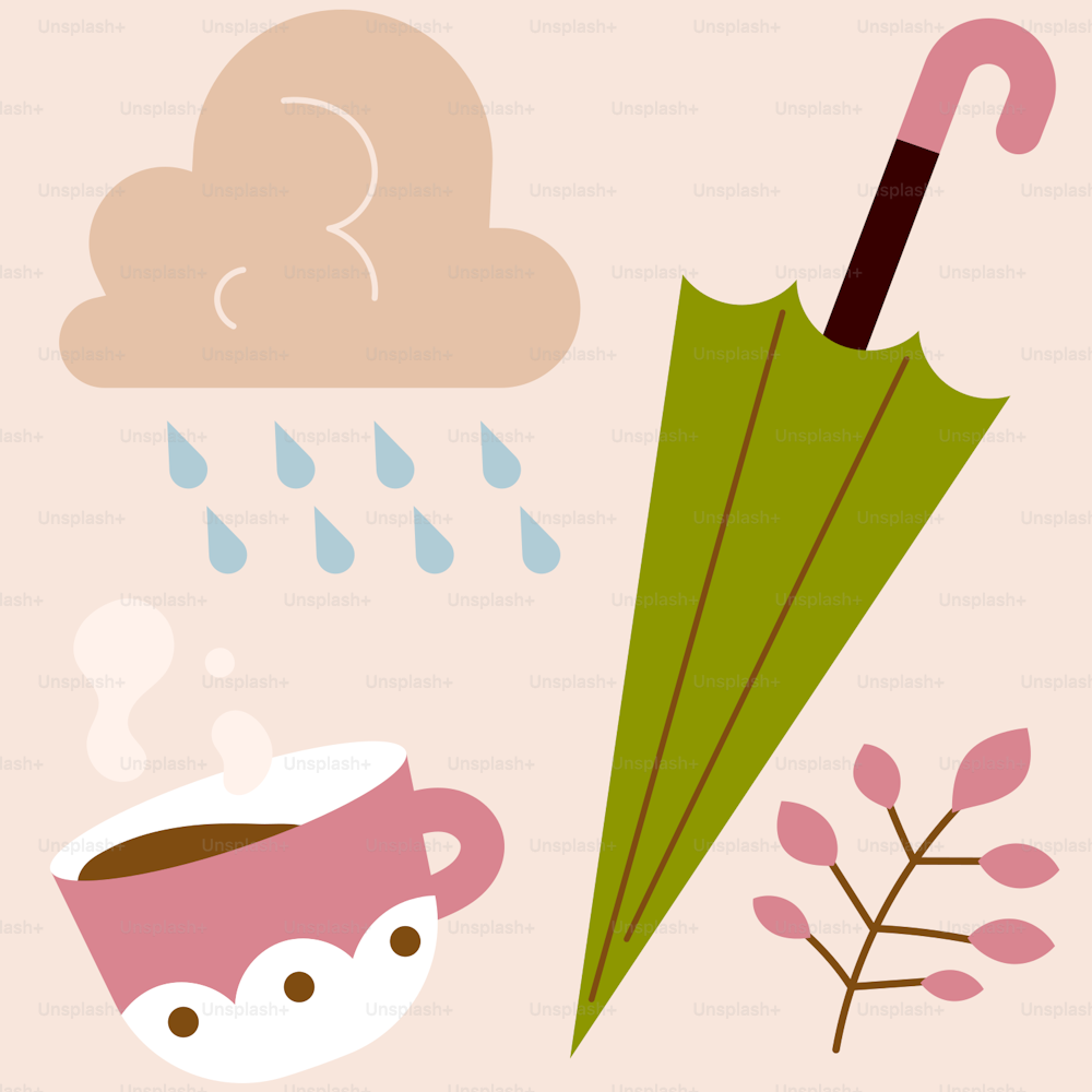 una taza de café rosa y un paraguas