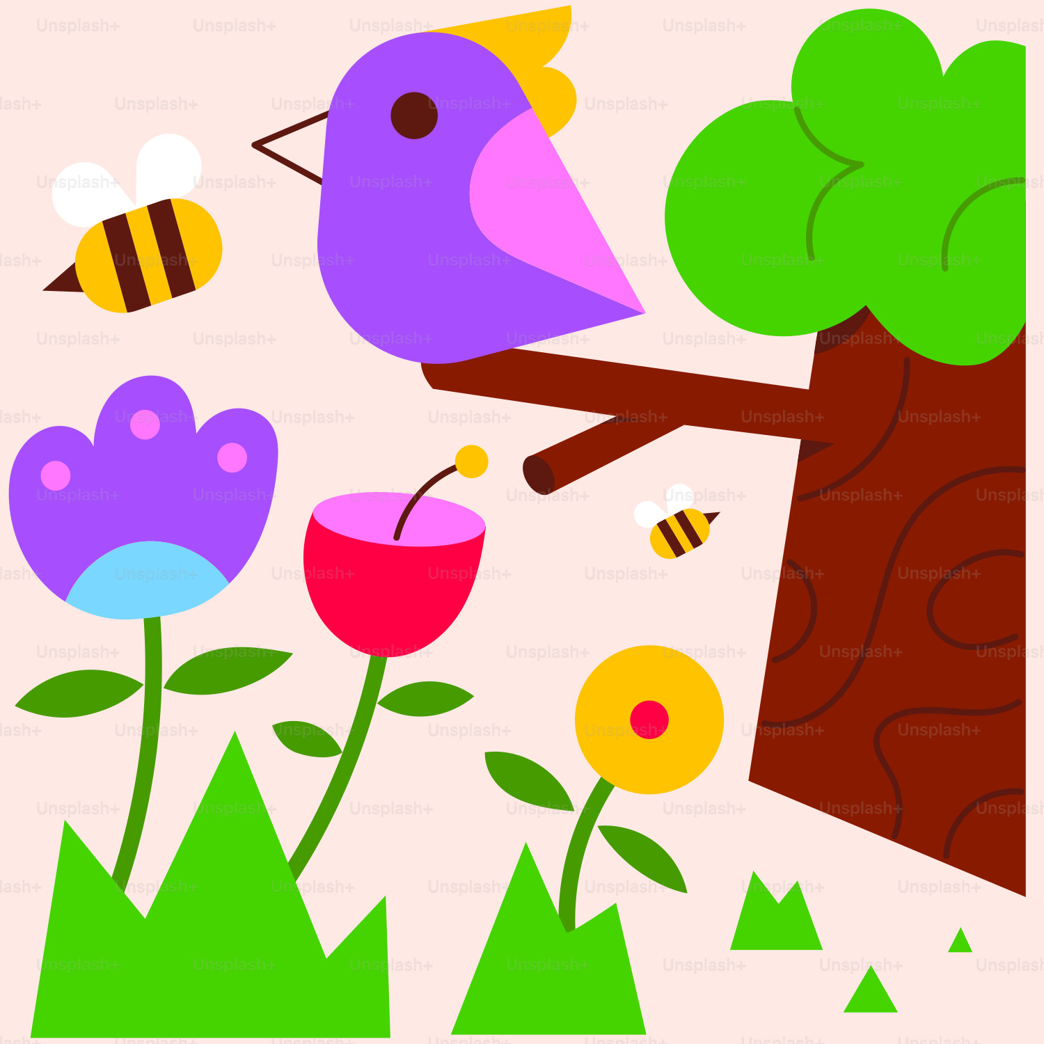 a bird sitting on top of a tree next to flowers