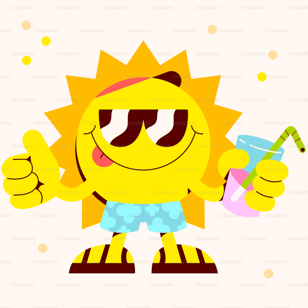 a cartoon sun holding a drink and giving a thumbs up