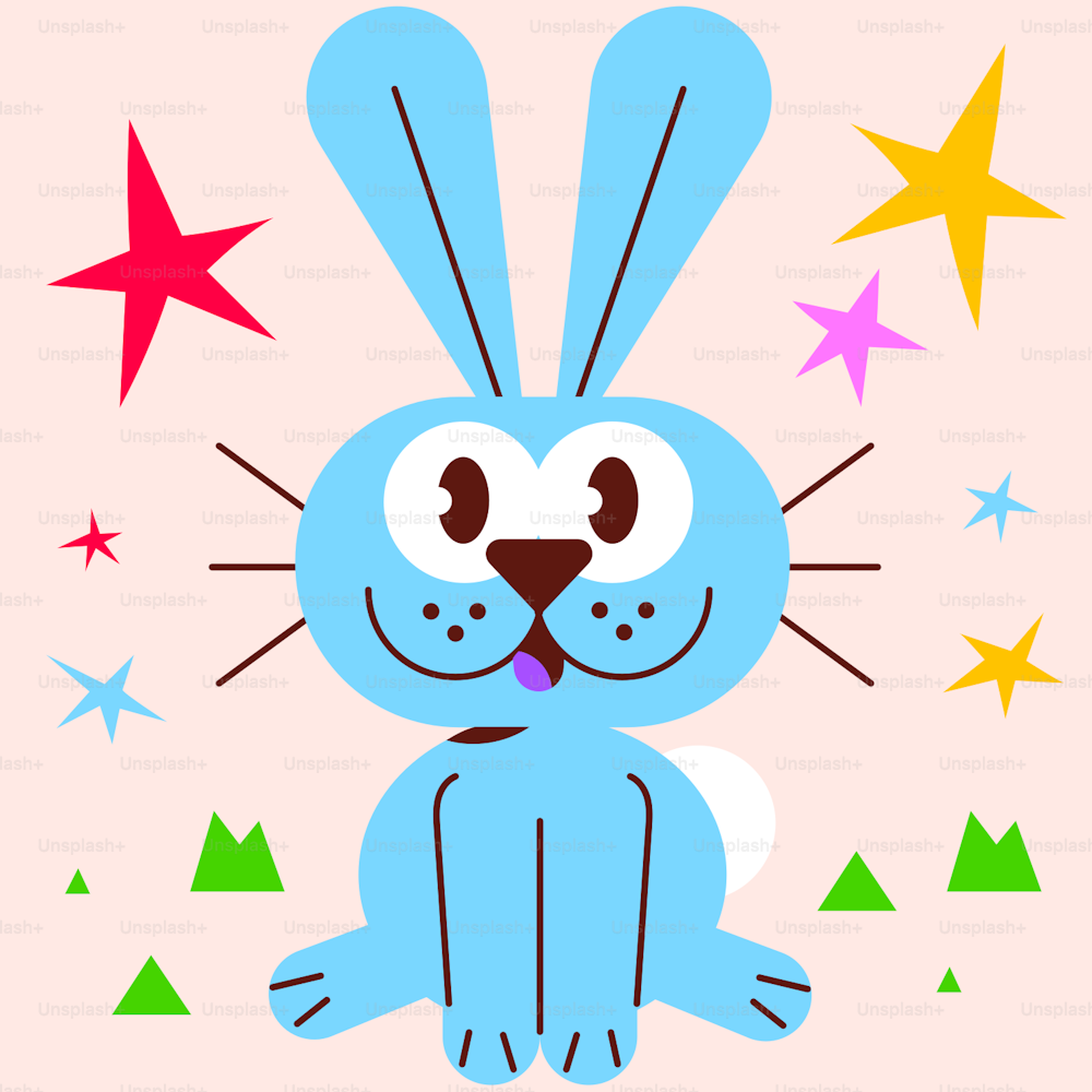 a blue rabbit sitting in front of a pink background