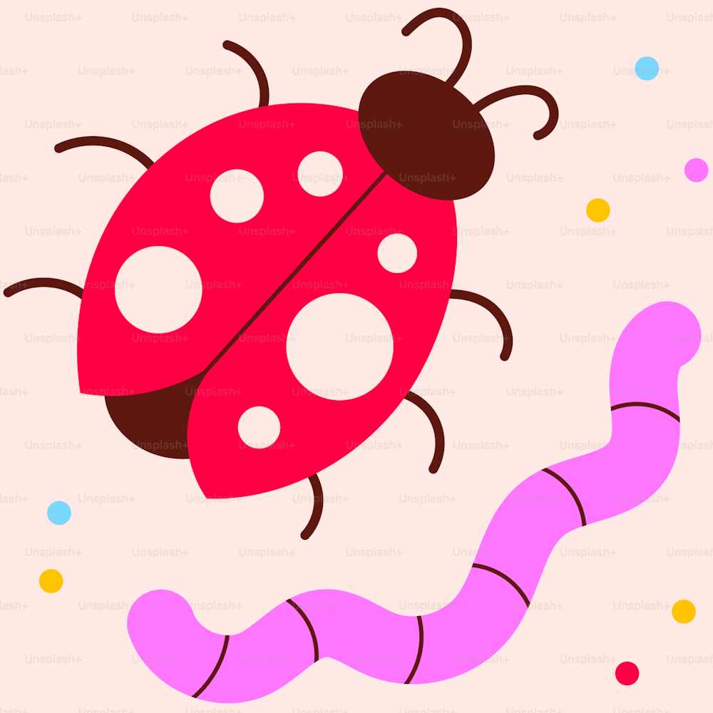 a ladybug is flying over a pink caterpillar