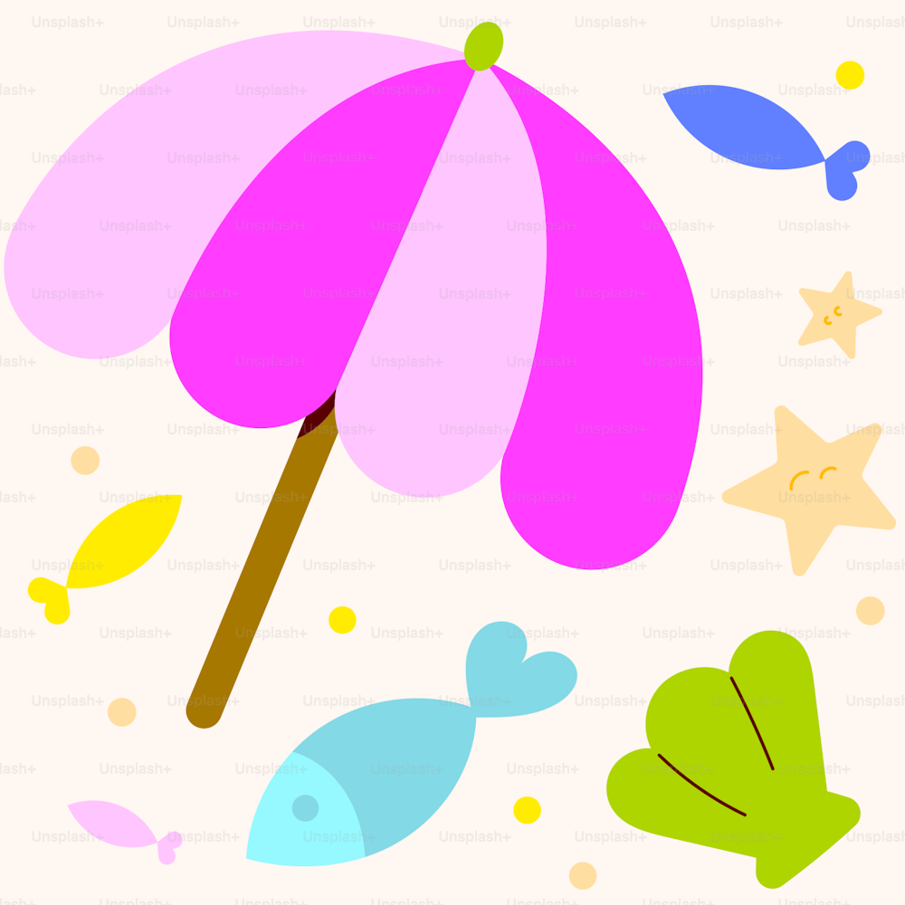 a pink umbrella surrounded by fish and stars