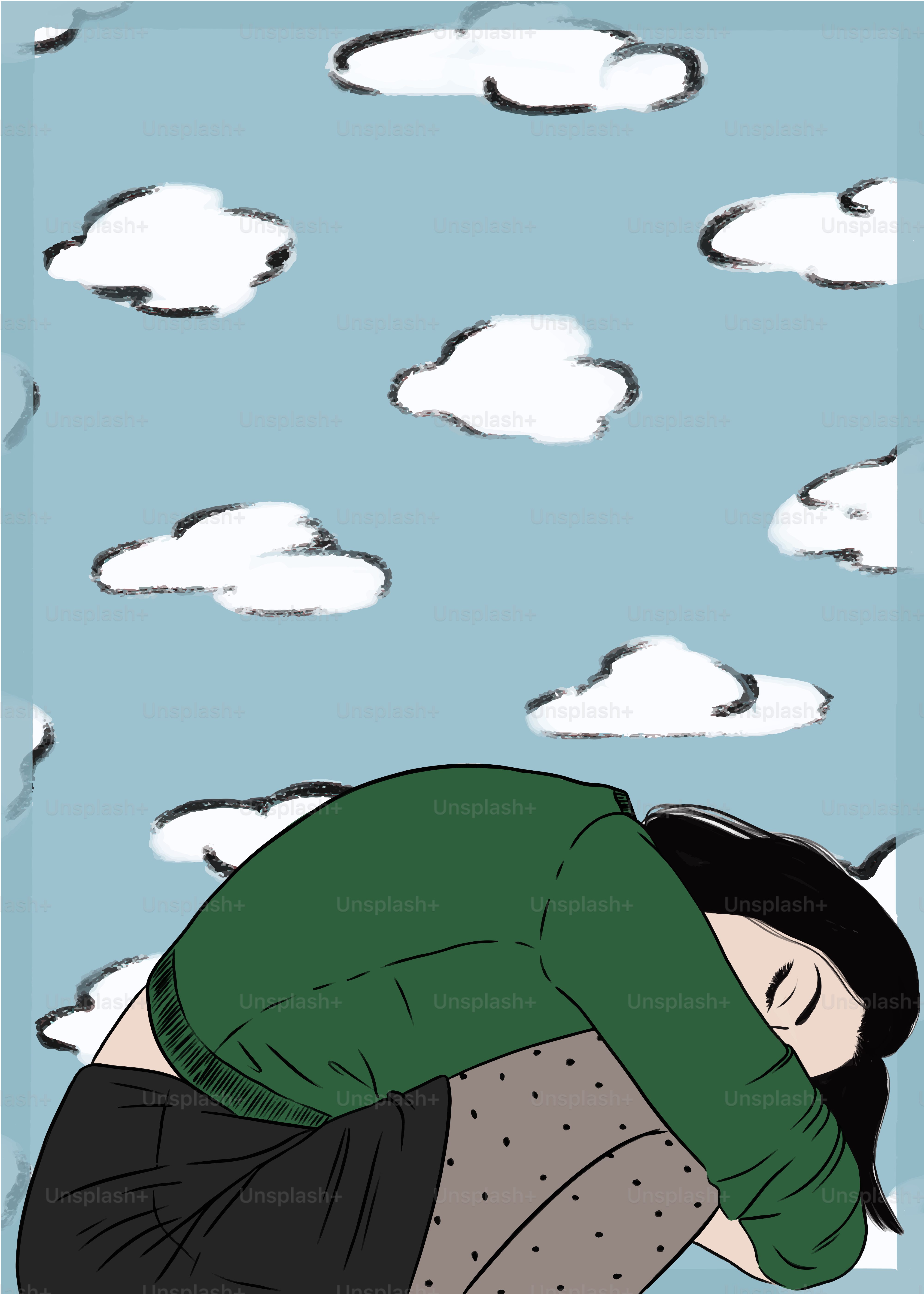 A drawing of a person with their head in their hands