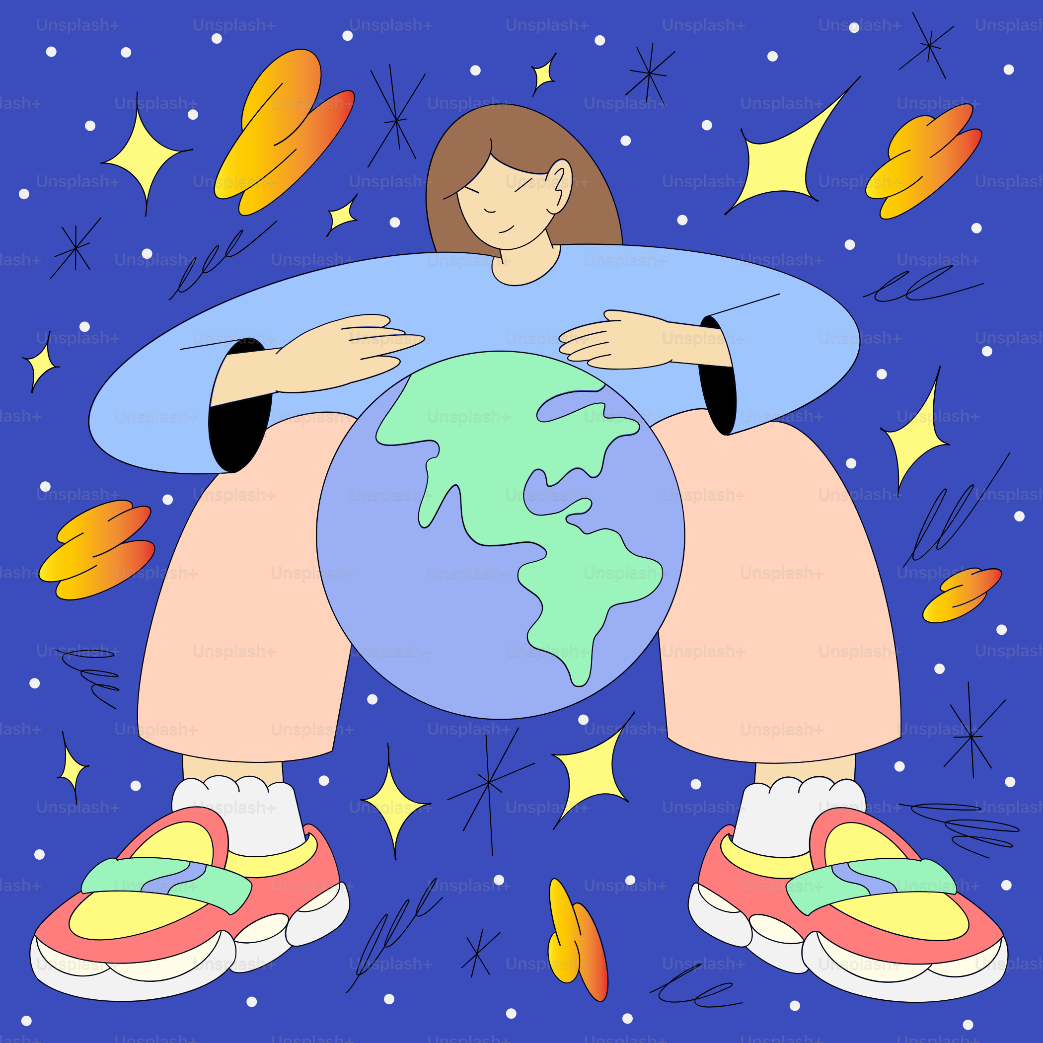 a woman sitting on top of a globe surrounded by stars