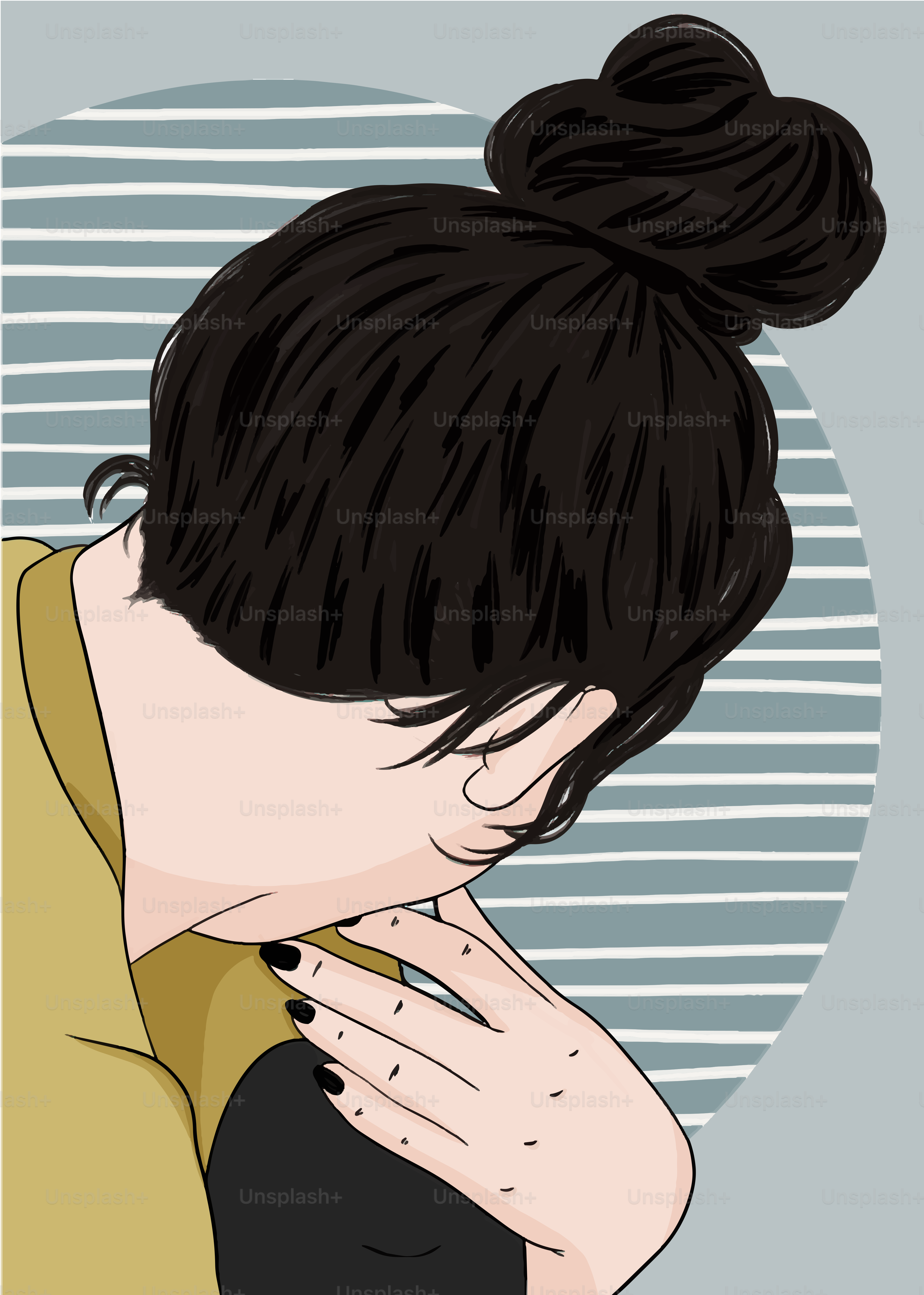 a drawing of a woman with her hand on her face