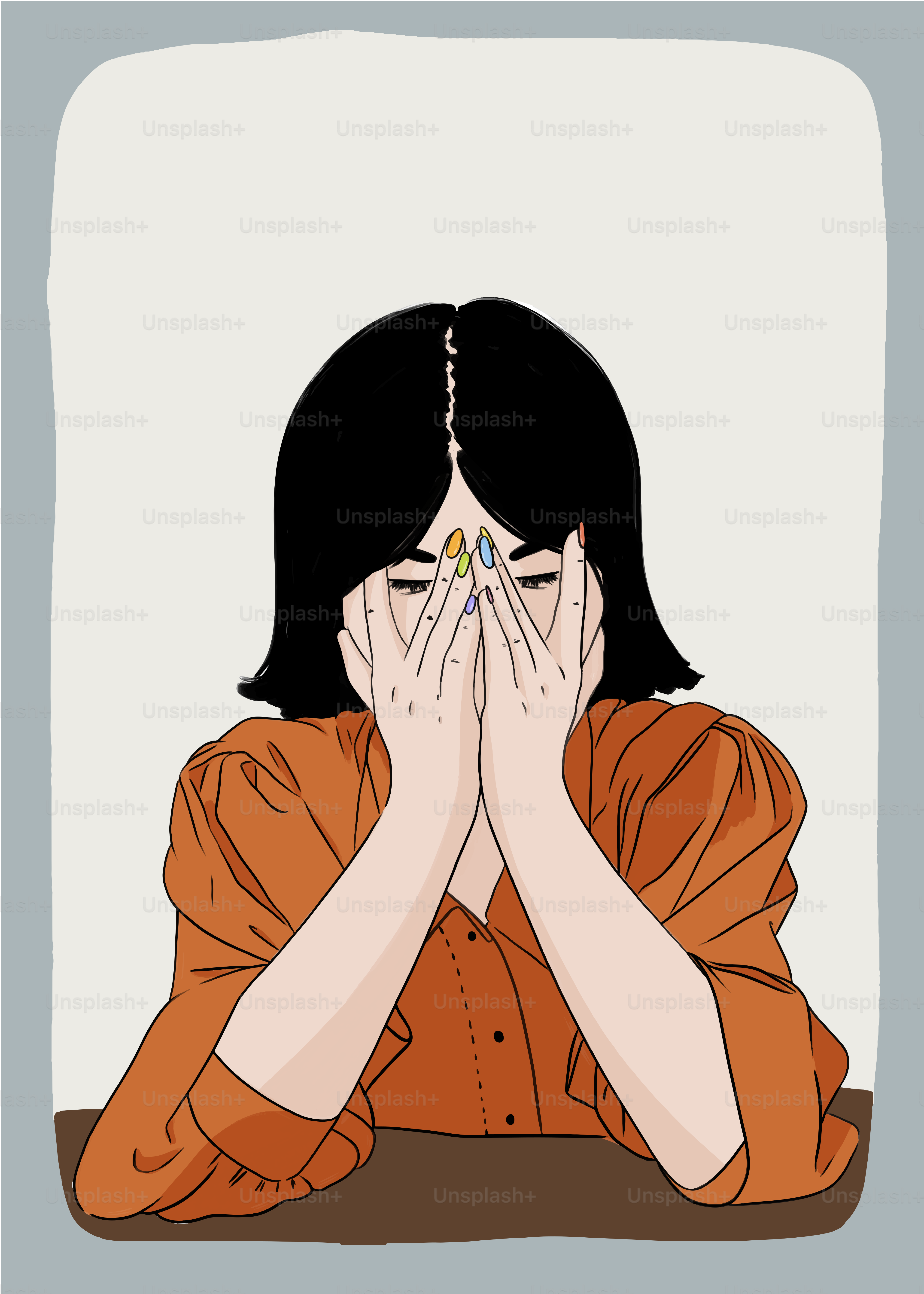 Woman covering face with hands, nails painted rainbow colors