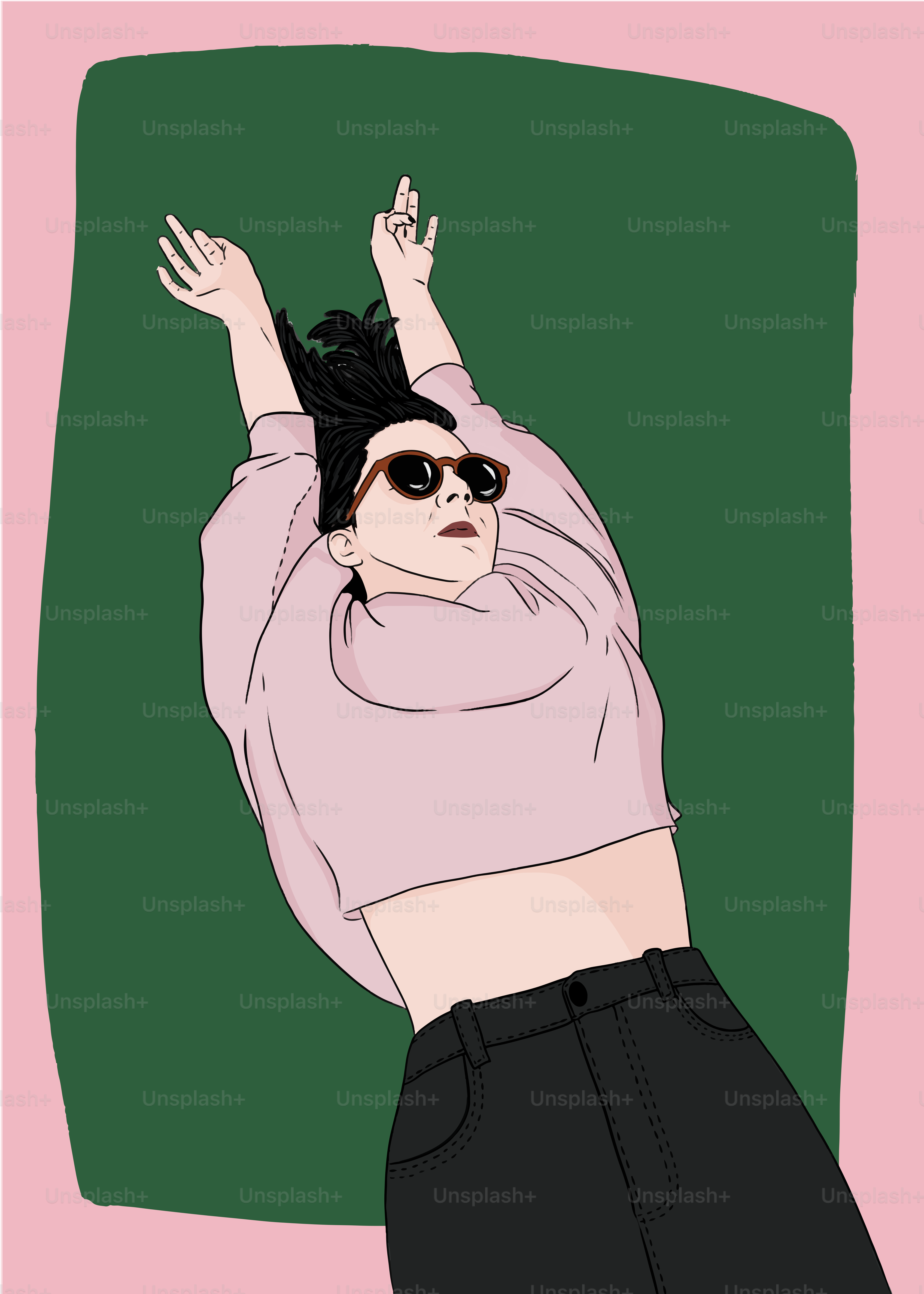 Woman in sunglasses and pink sweater stretching arms up