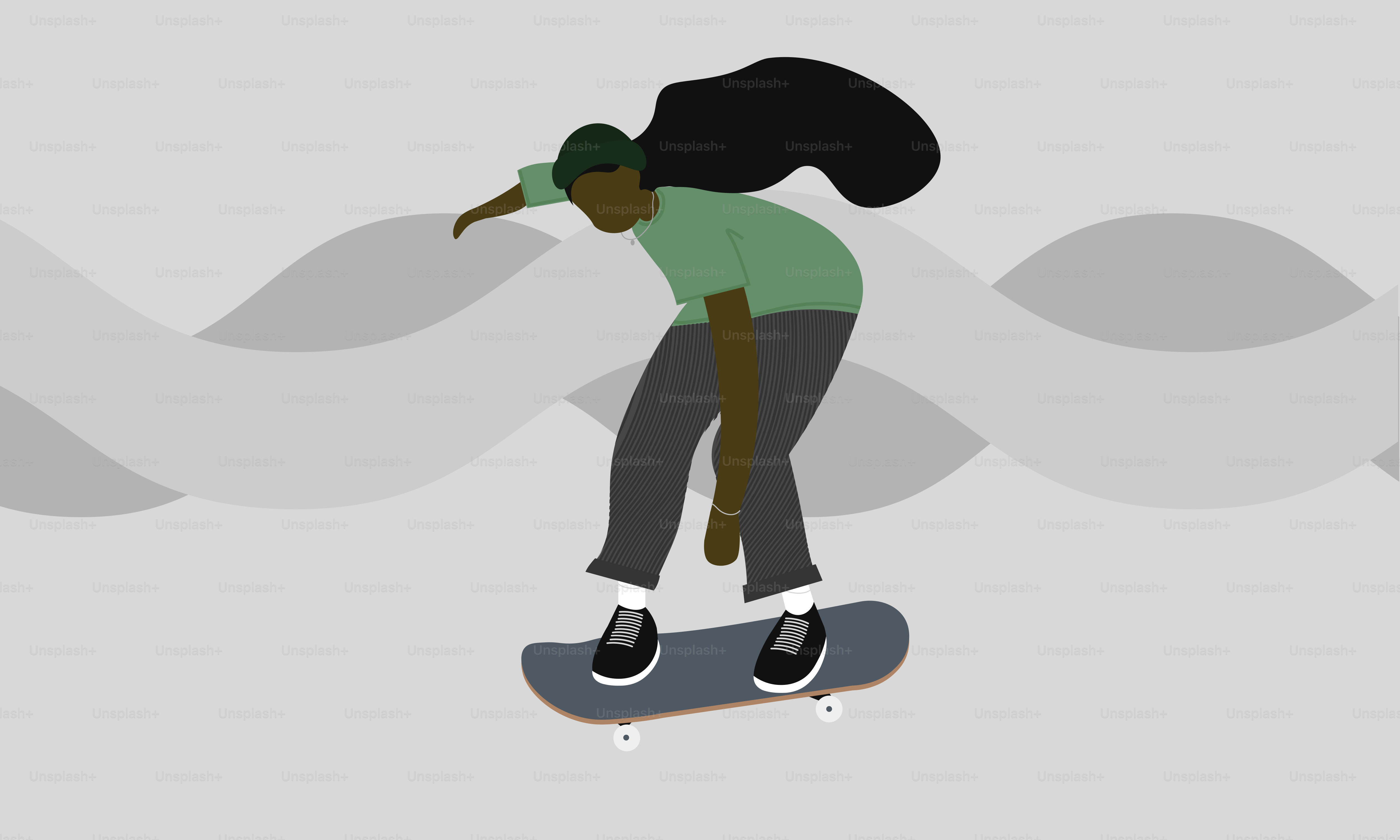 Persona que hace skate con el pelo largo y oscuro volando