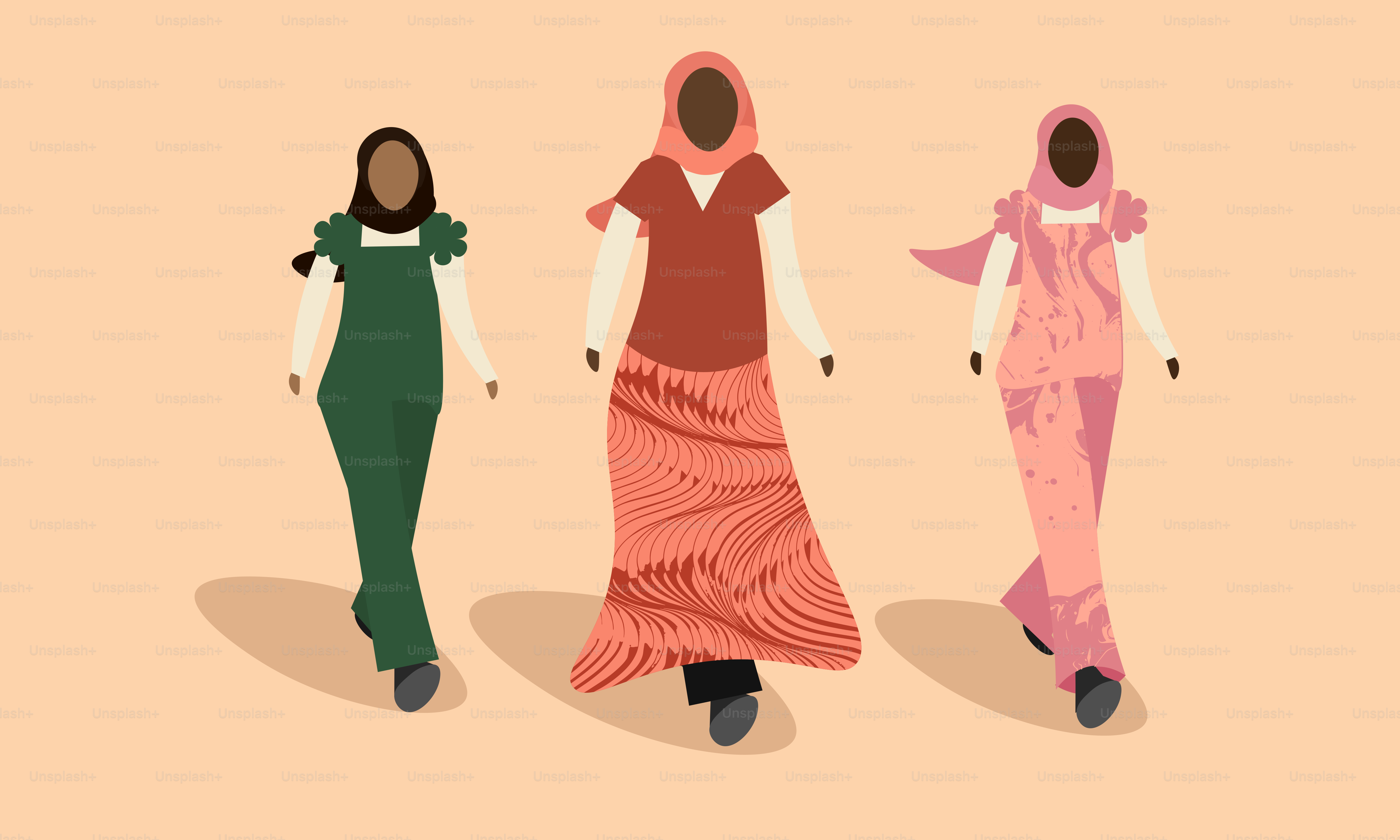 Tres mujeres con hiyabs y vestidos coloridos
