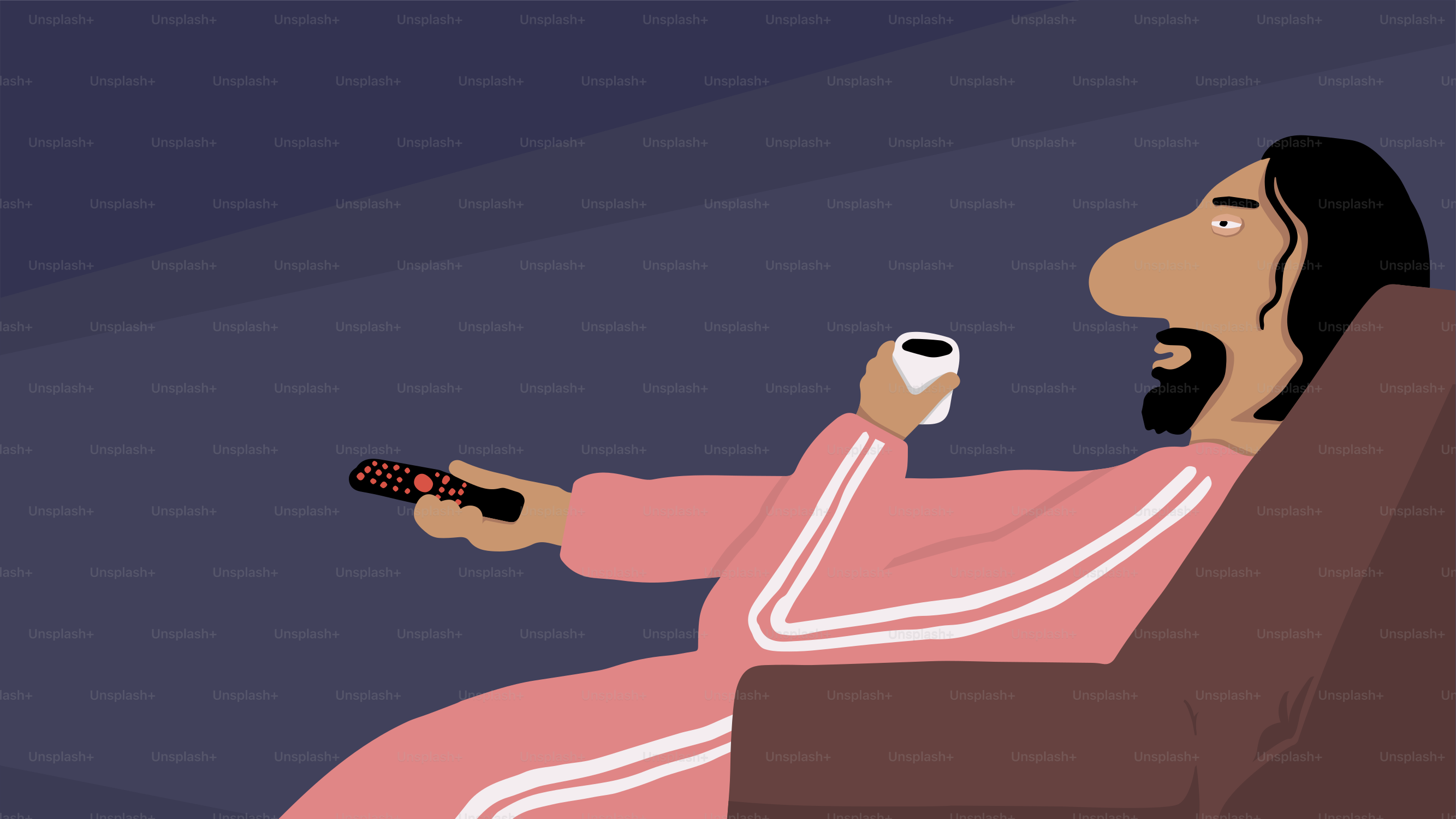 Homme en peignoir tenant la télécommande et un café devant la télévision