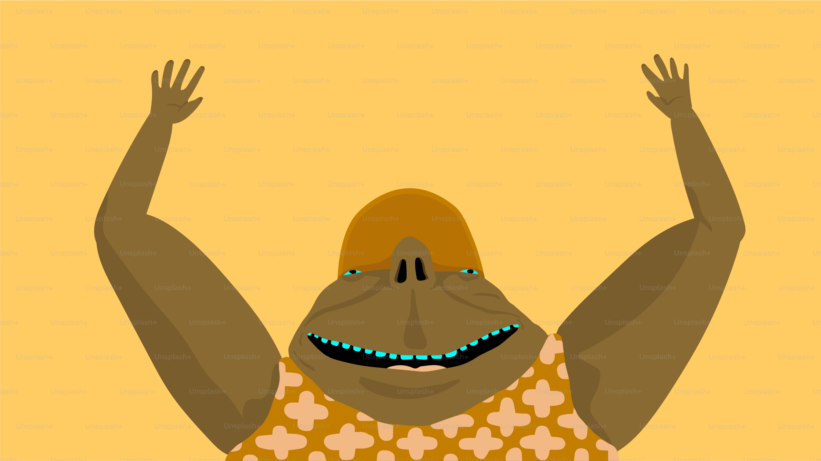 A cartoon character with arms raised in celebration