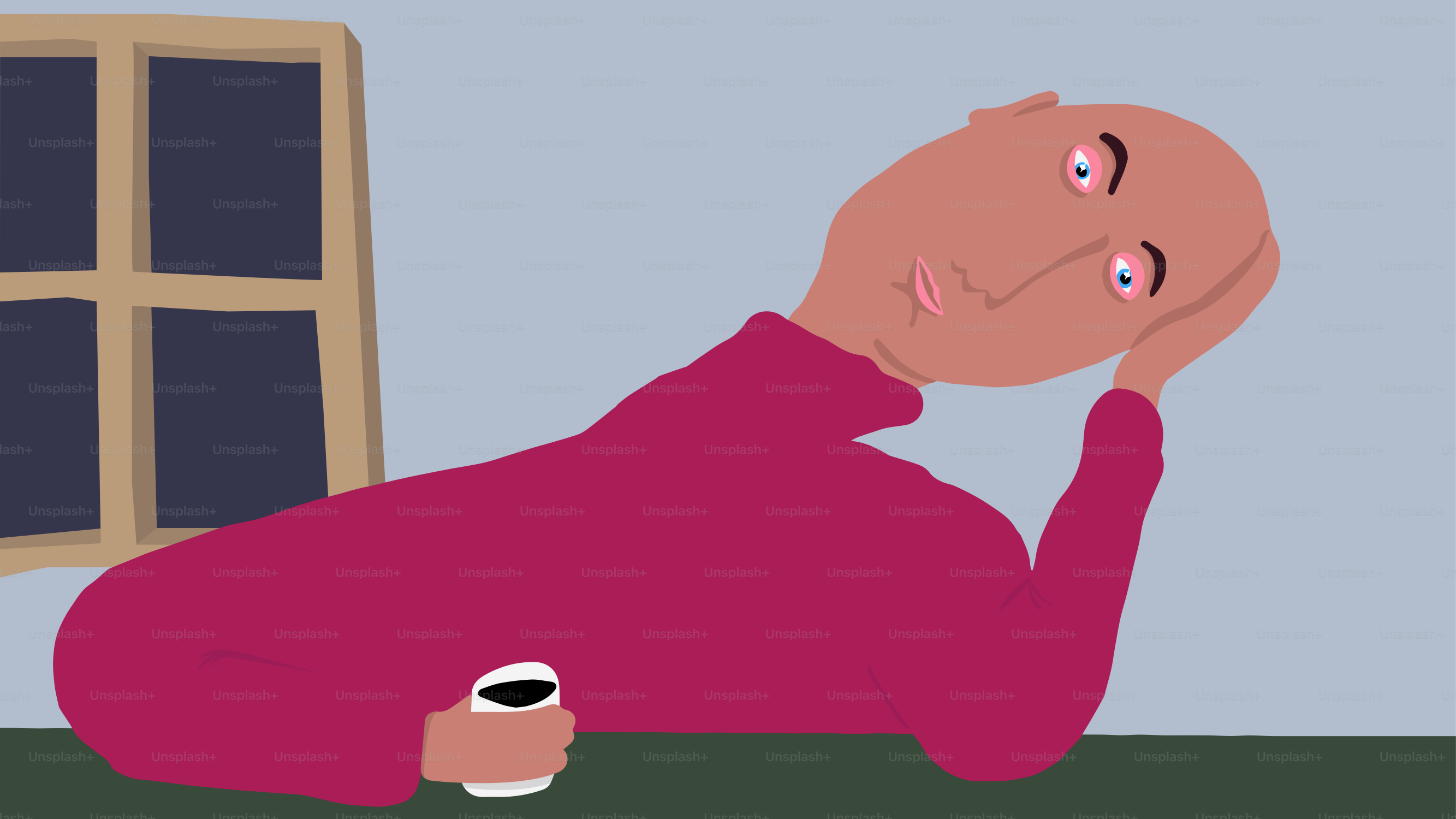 Bald person in pink shirt holding coffee cup