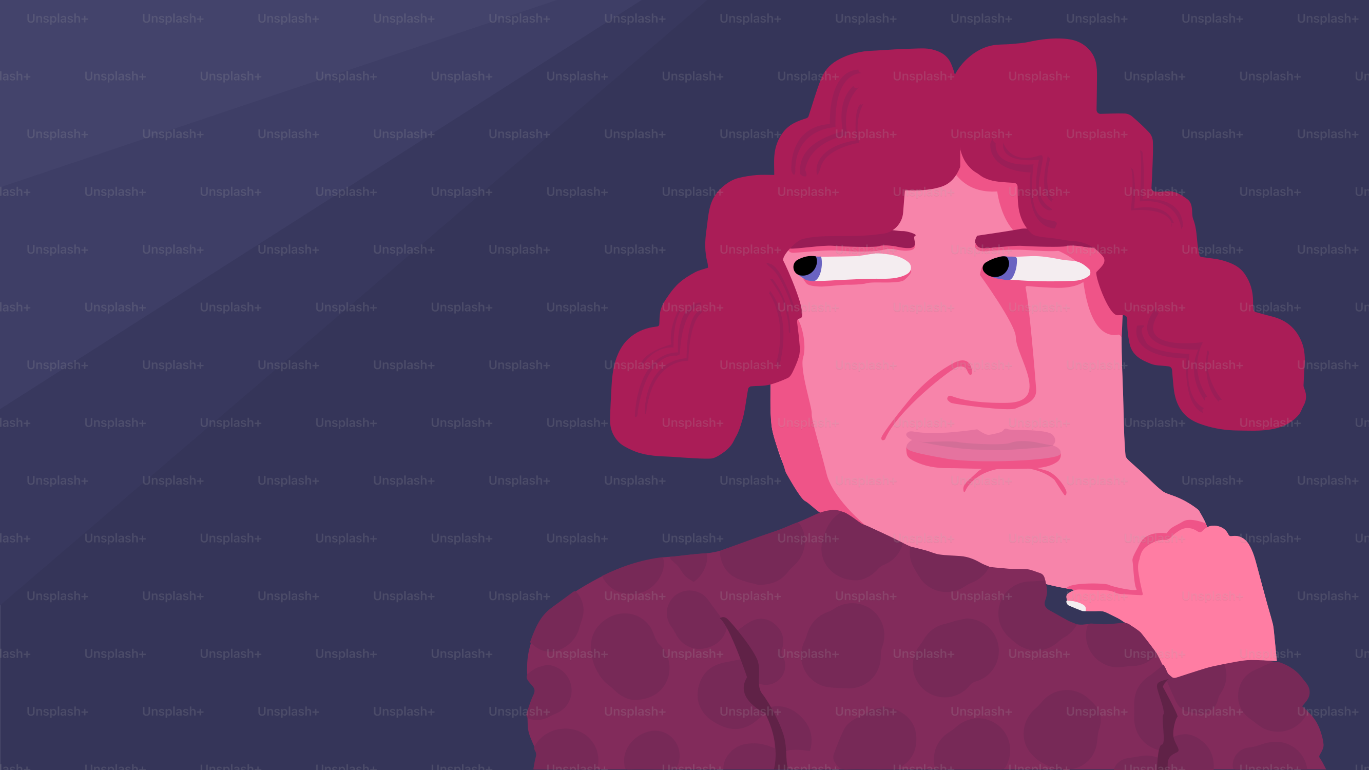 A stylized person with curly red hair and pink skin.