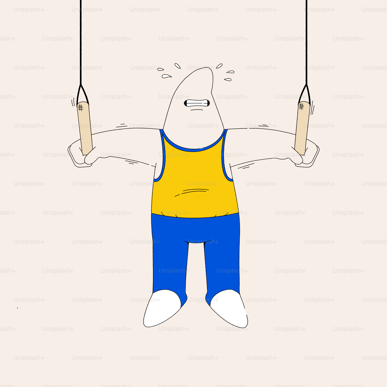 Cartoon character struggling on gymnastic rings
