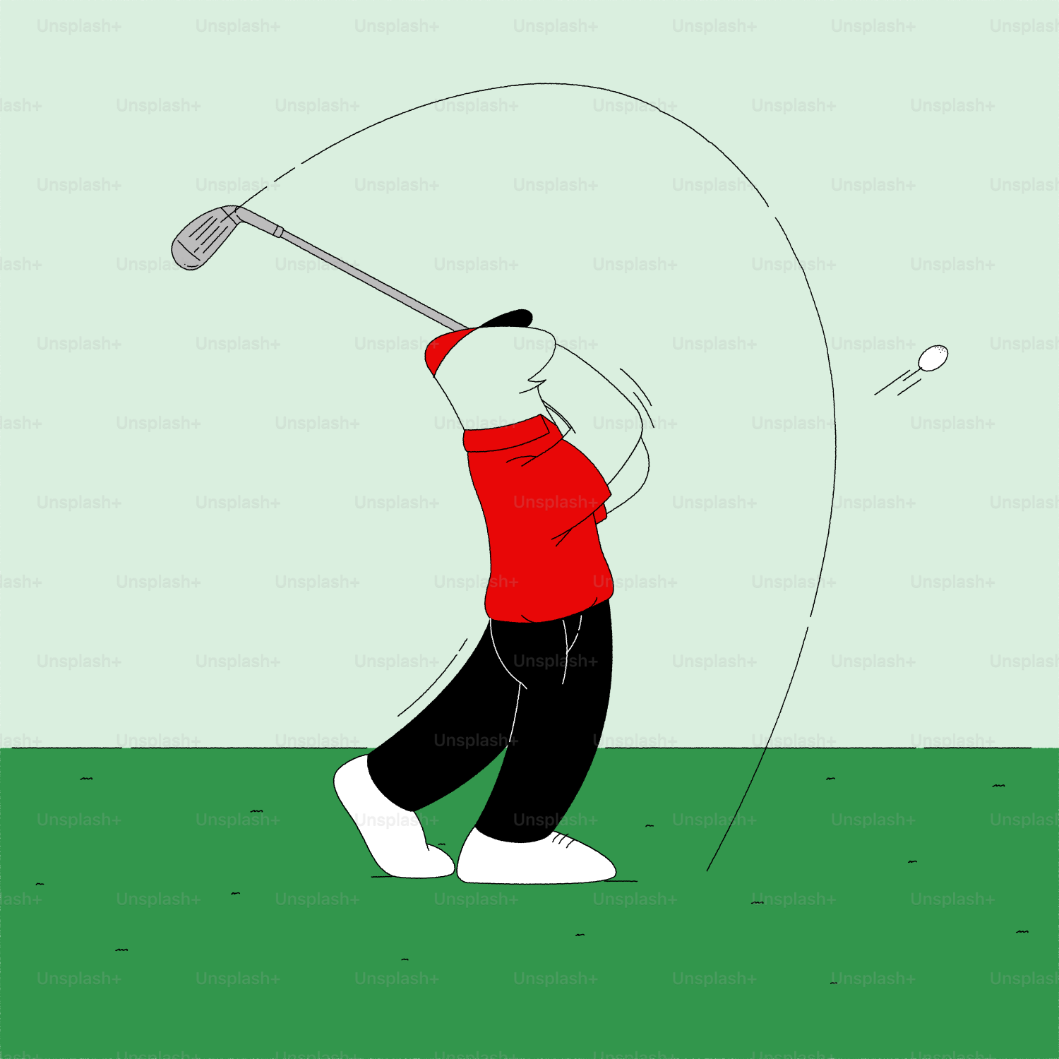 Golfer swings club, hitting a ball.