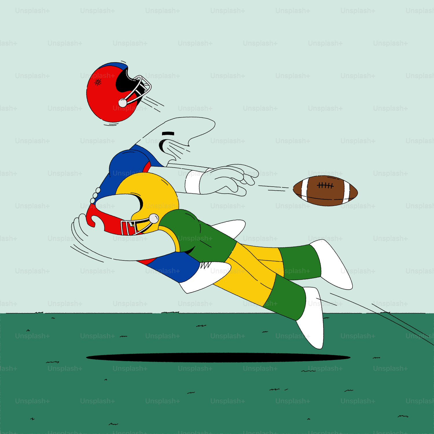 Two cartoon football players in action with a football.