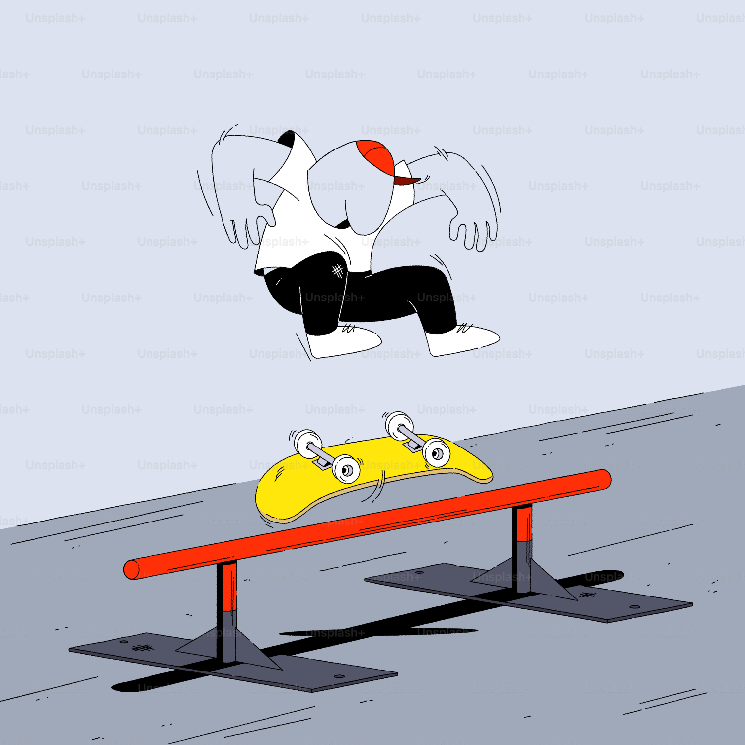 Skateboarder performing a trick over a rail