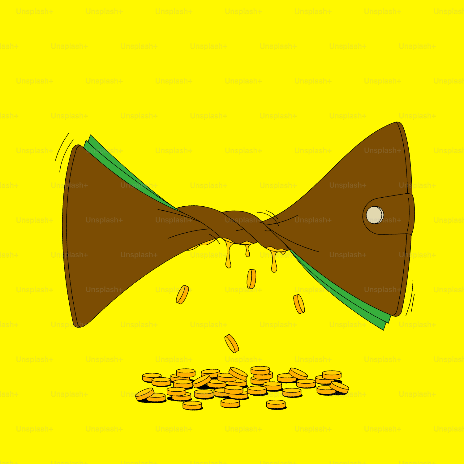 Brown wallet twisted, spilling coins and bills on yellow background.
