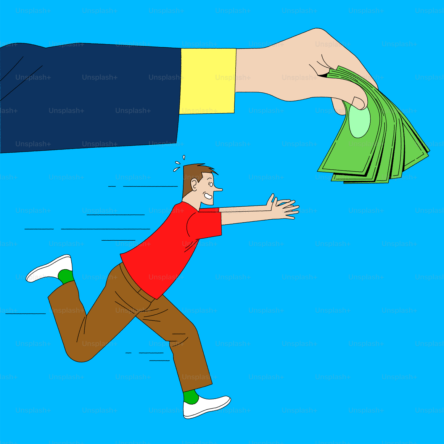 Hombre corriendo hacia el dinero ofrecido por una mano grande