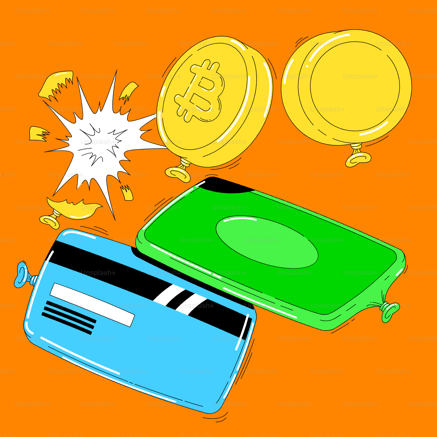 Bitcoin and credit card symbols on balloons