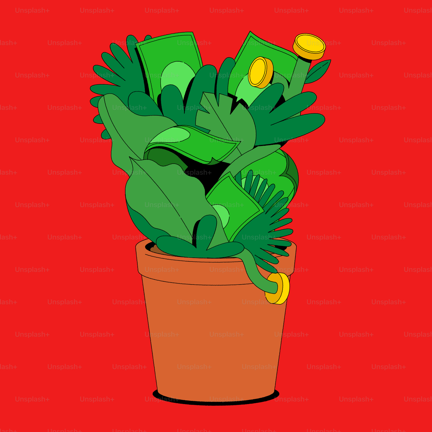 Una planta en maceta con dinero y monedas como hojas