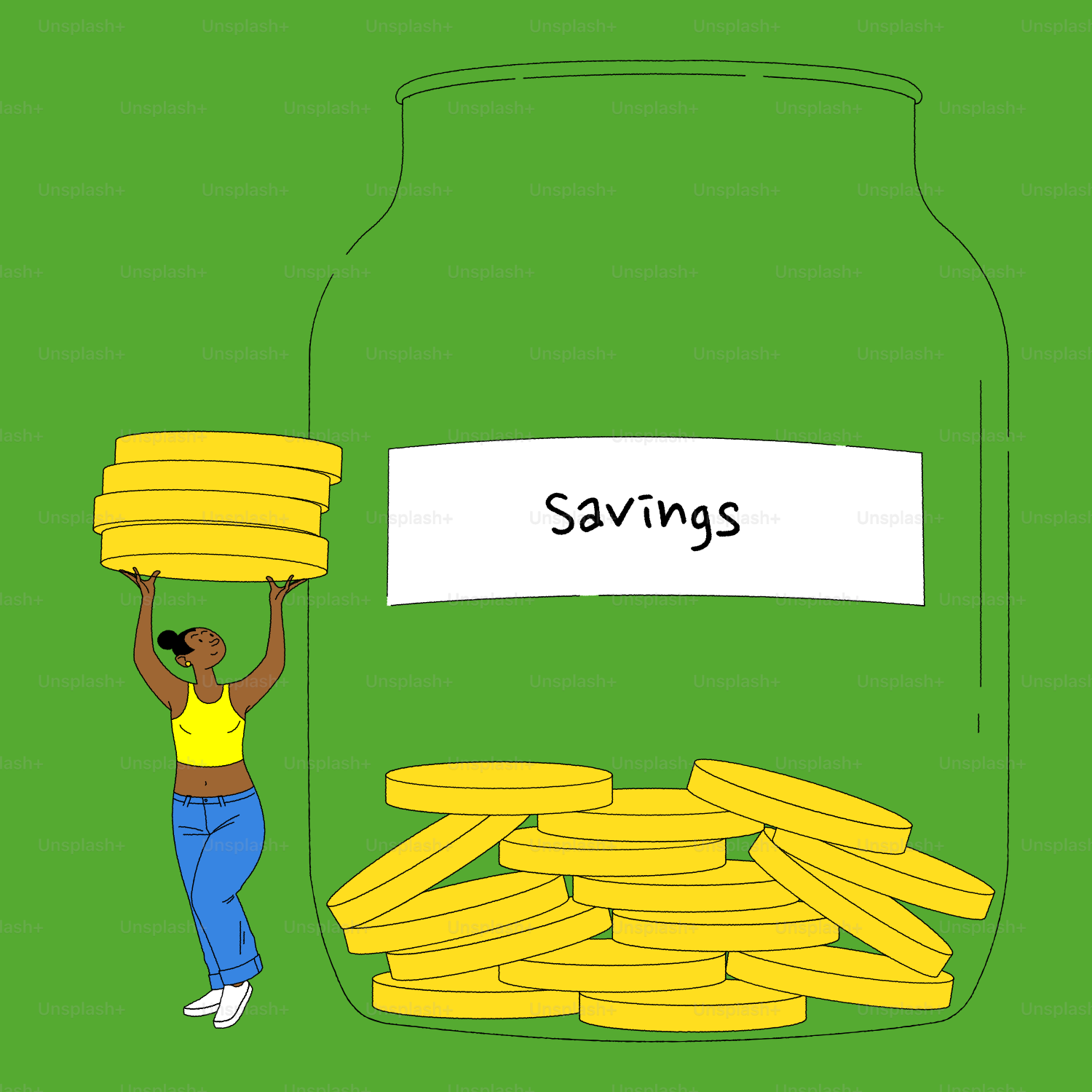 Woman adding coins to a large savings jar.