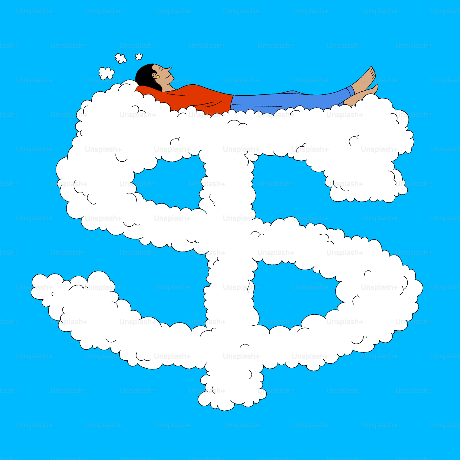 달러 기호 구름 위에서 꿈꾸는 남자