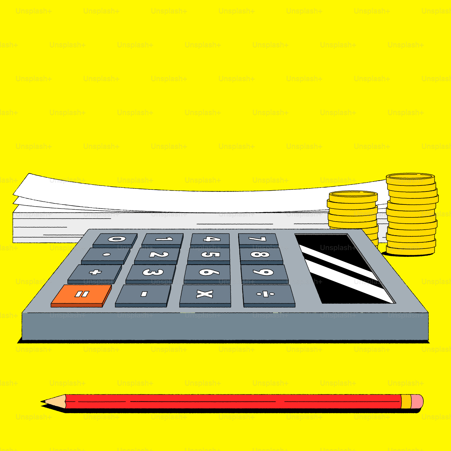 Calculator with paper stack and coins on yellow background.