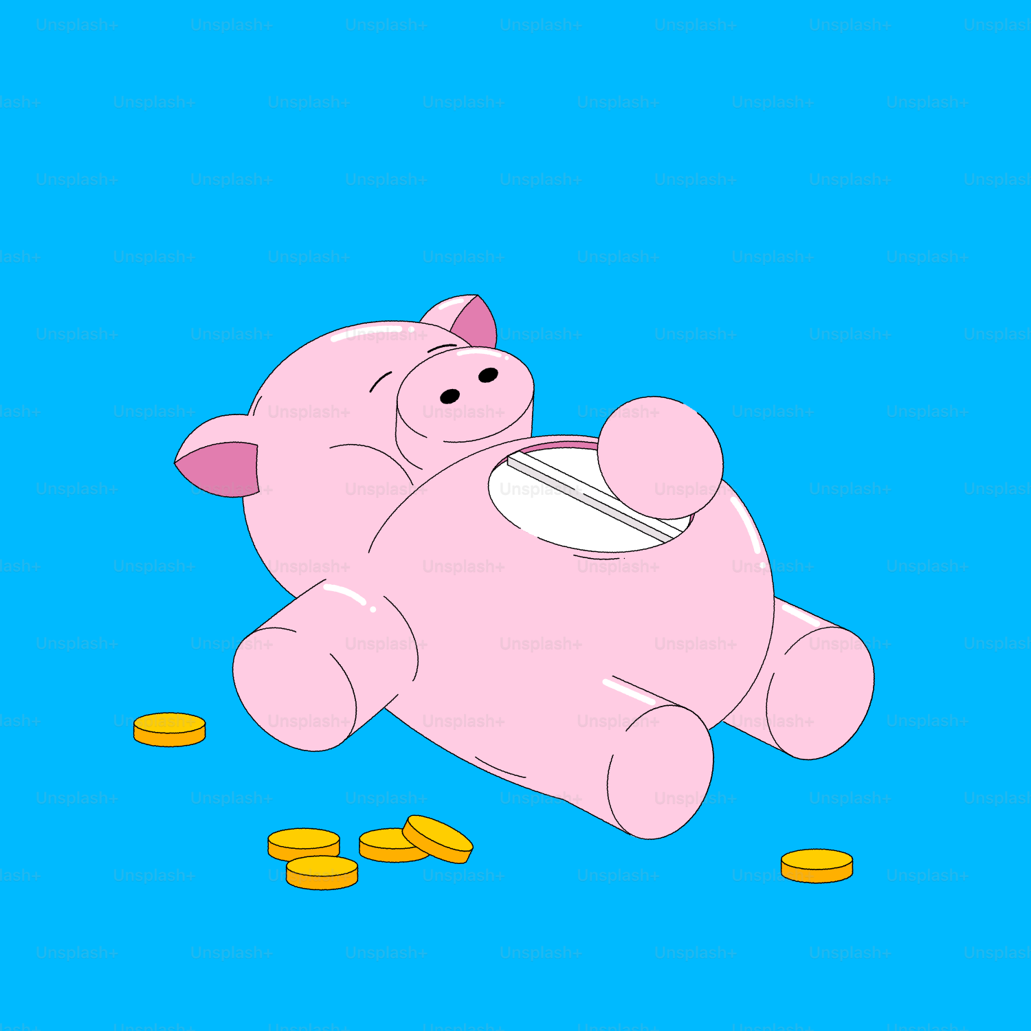 A pink piggy bank with coins on blue background