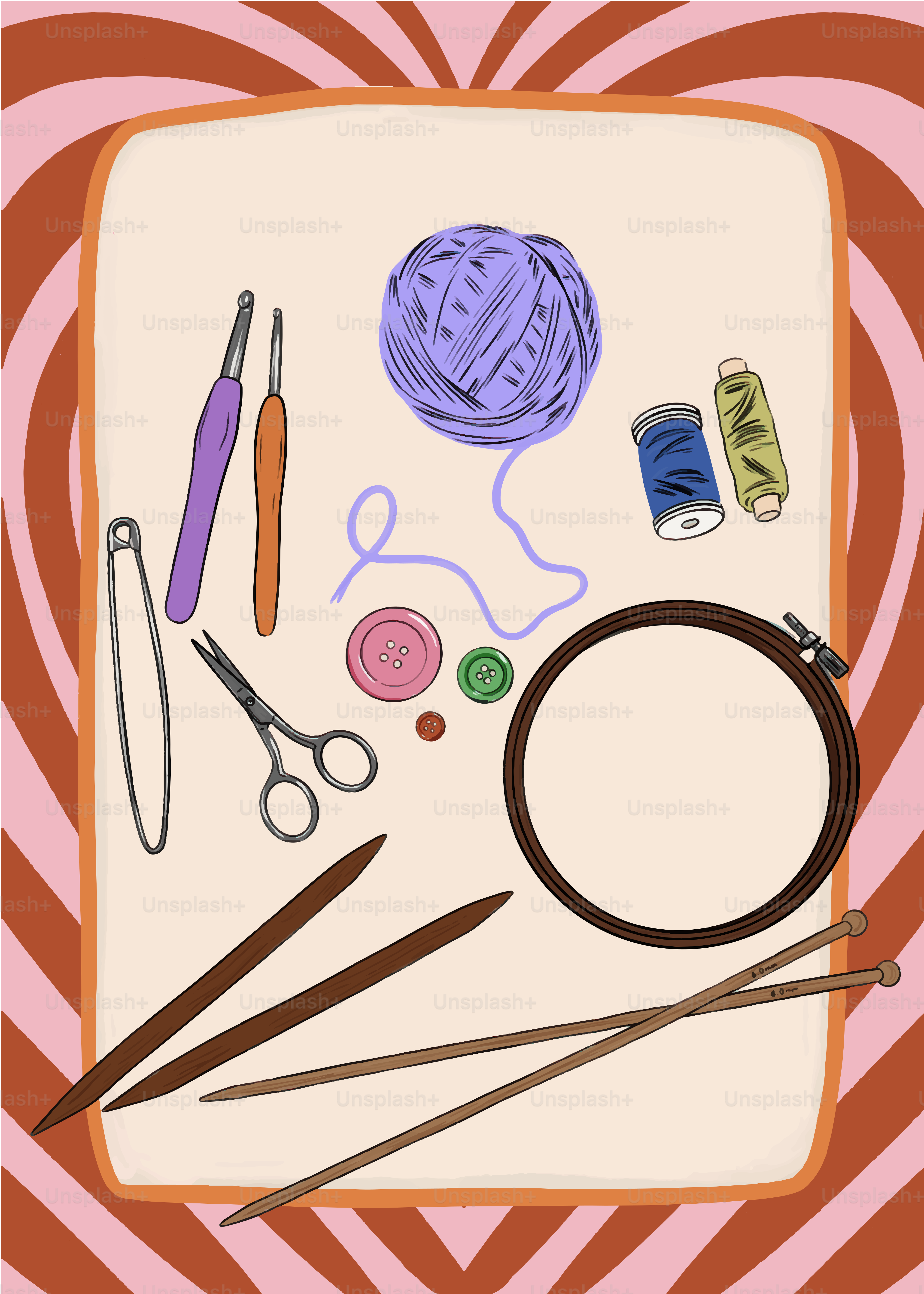 Knitting and crochet supplies arranged on a cream surface.