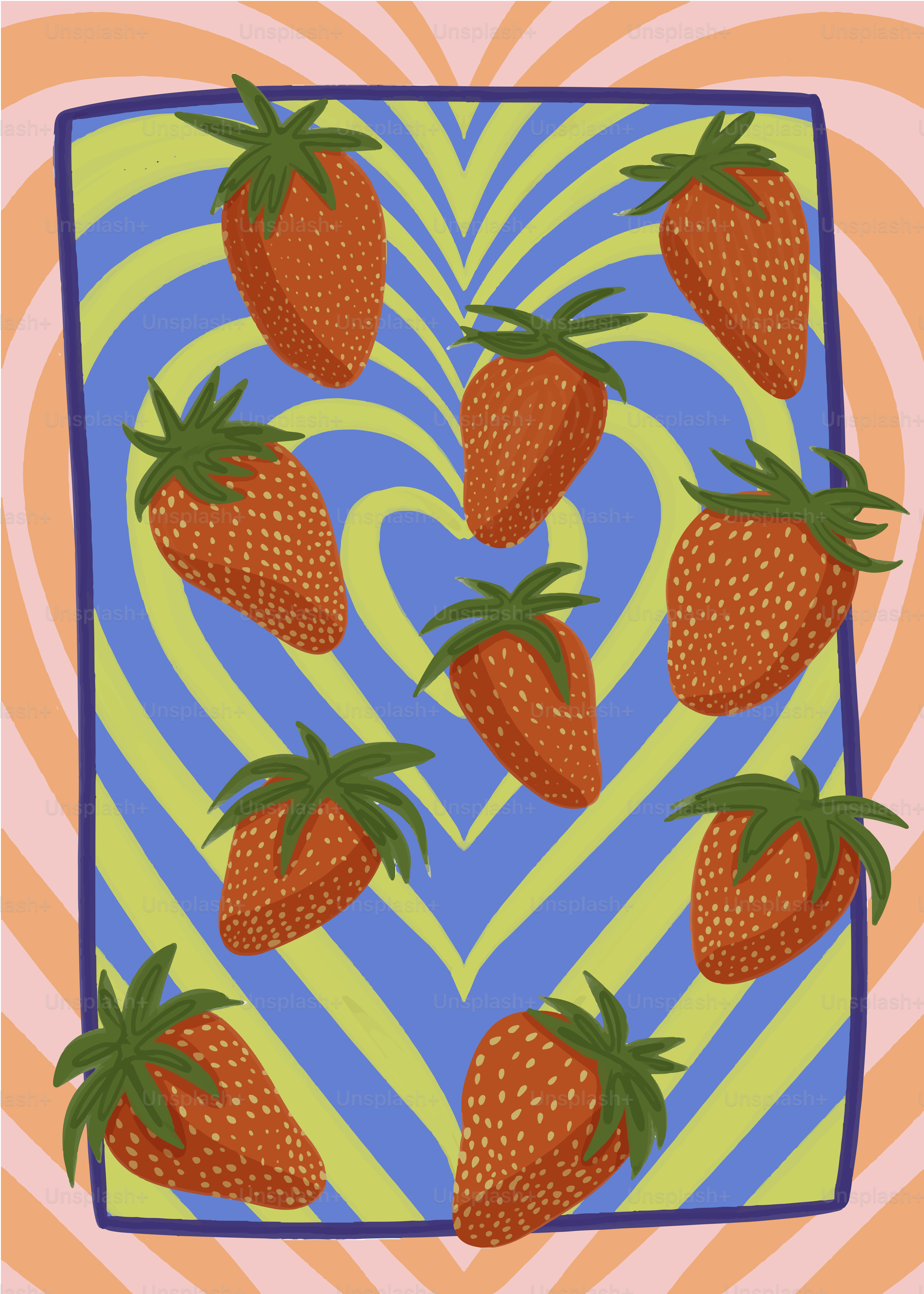 Several strawberries arranged on a colorful background.
